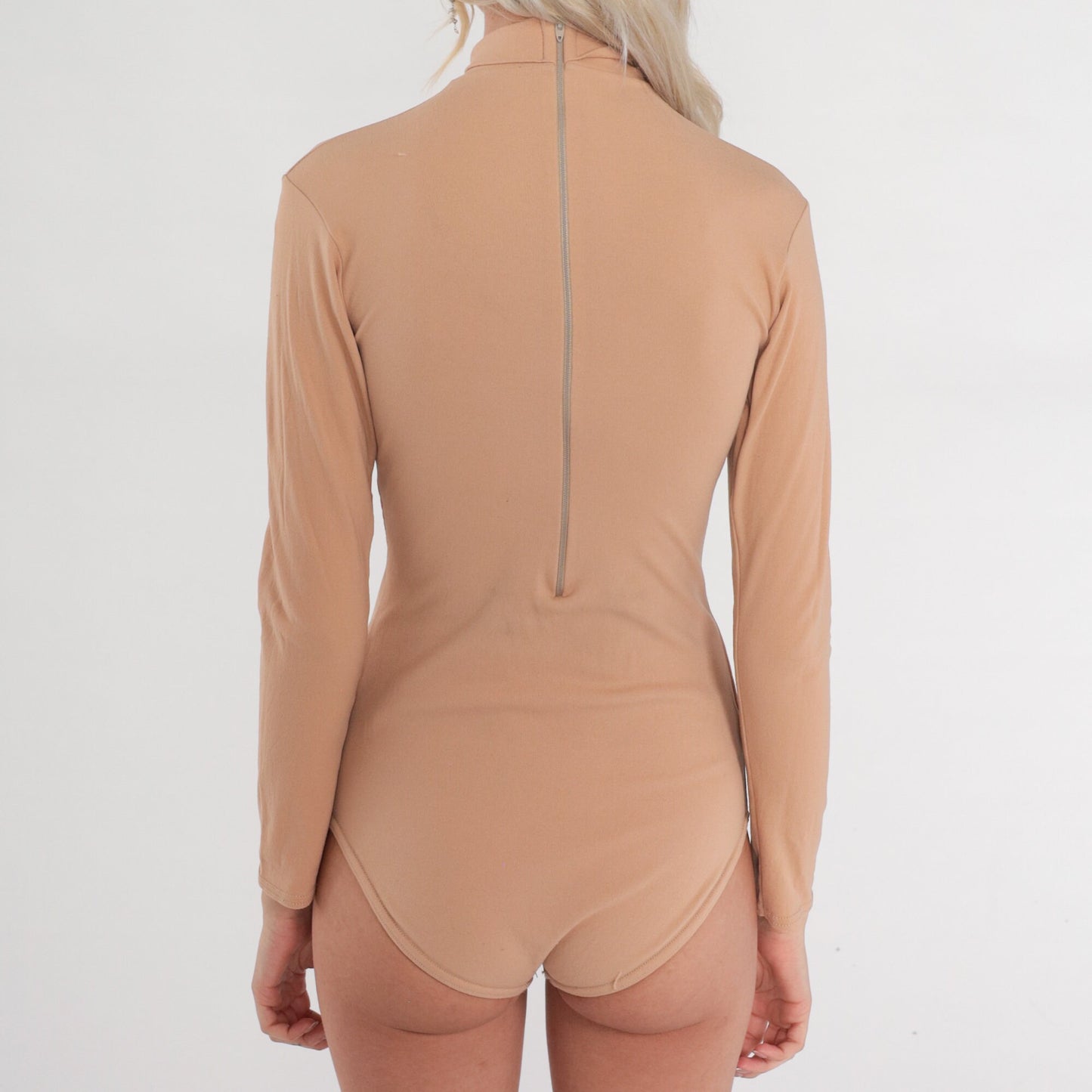 70s Beige Turtleneck Bodysuit Long Sleeve Leotard Back Zip Extra Small