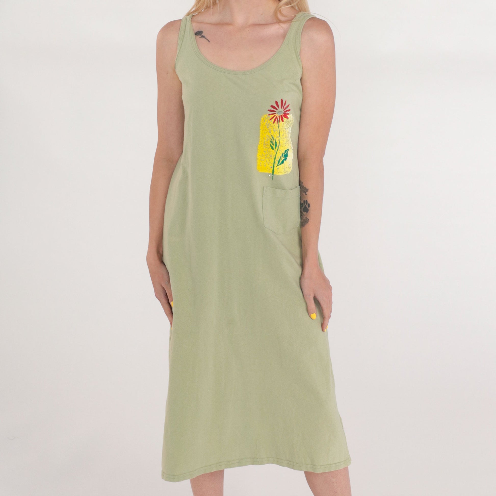 90s Green Floral Midi Sundress Sleeveless Painted Print Pocket Small