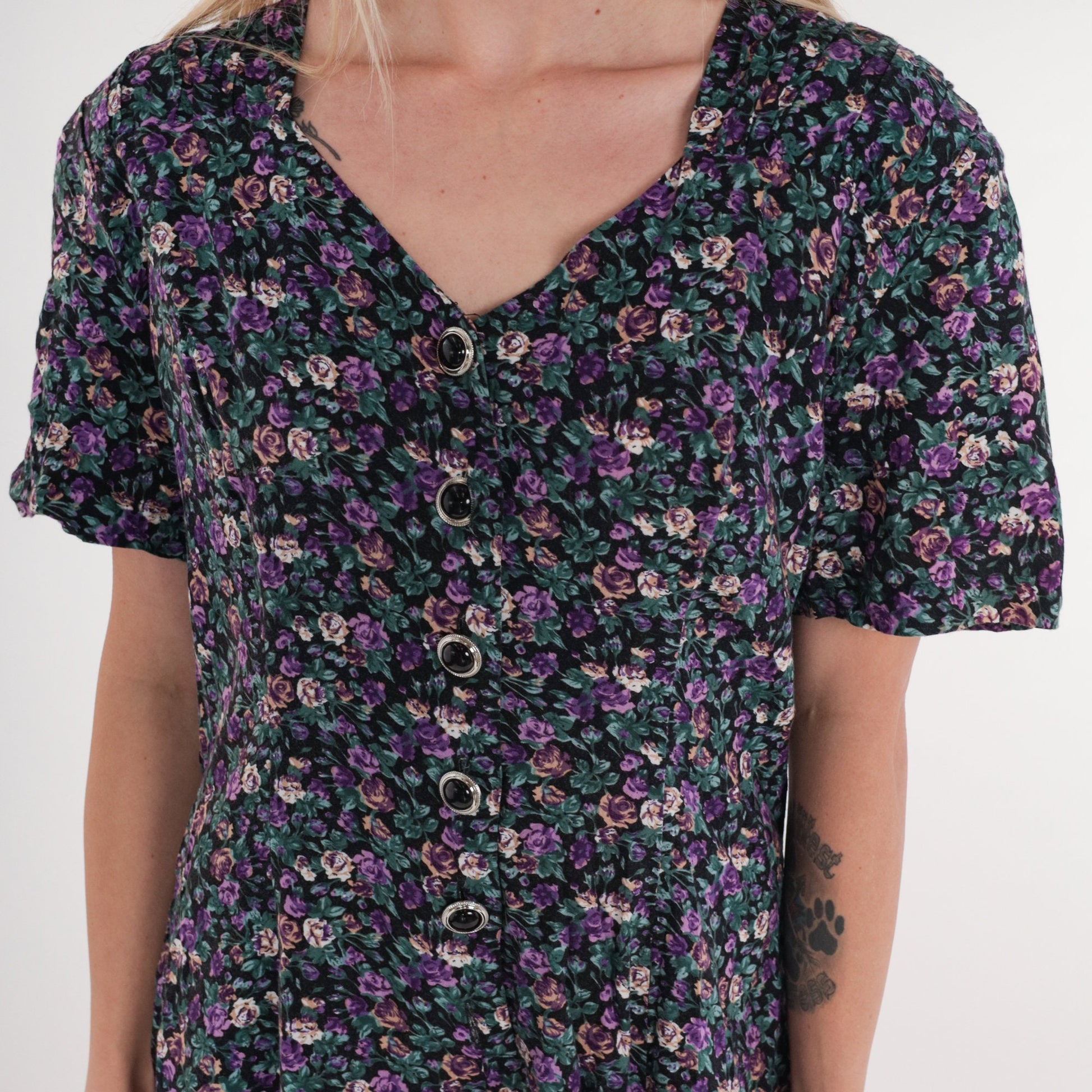90s Floral Button-Up Romper Wide Leg Shorts Black Purple Medium M