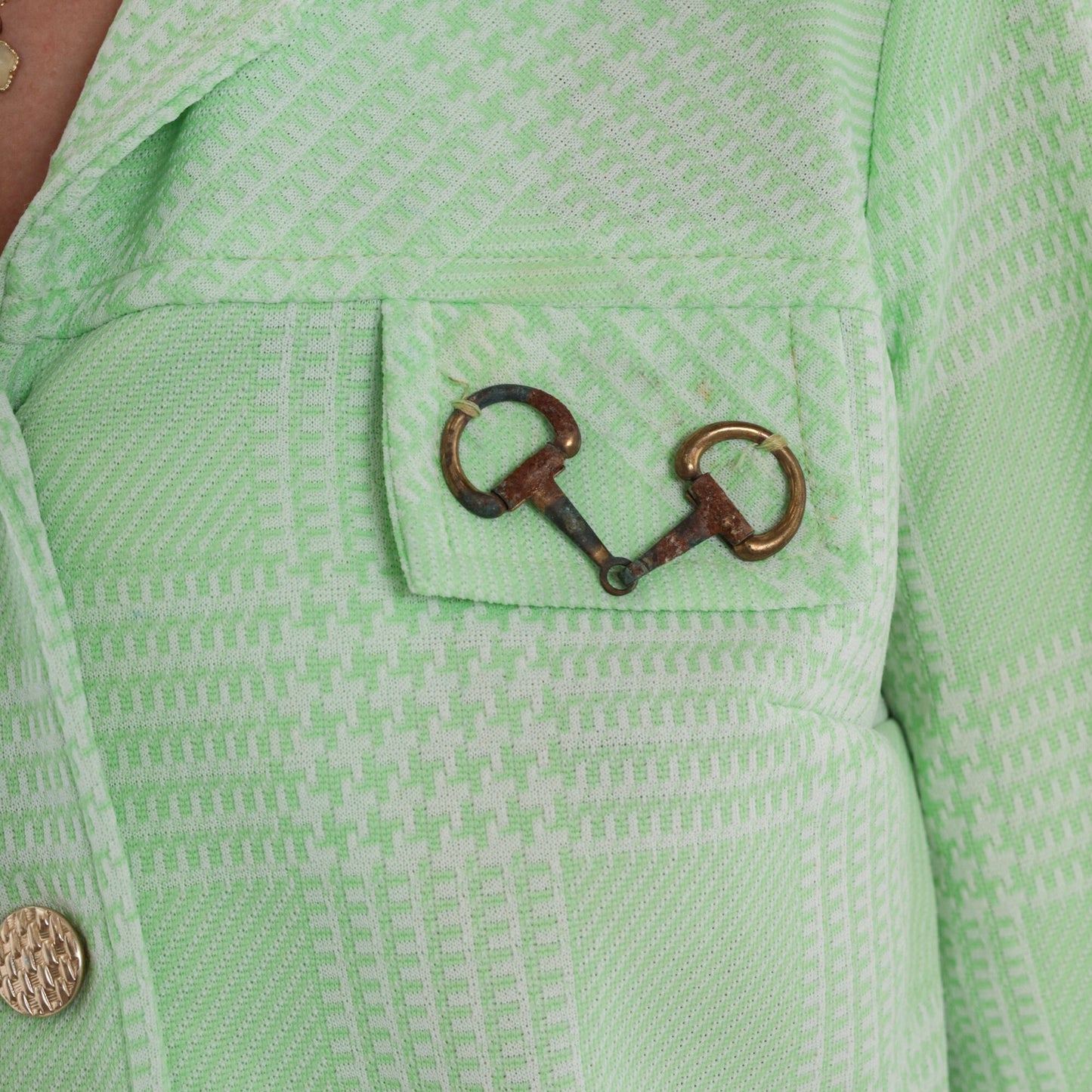 70s Green Checkered Button-Up Blouse Dagger Collar Gold Buckle Small