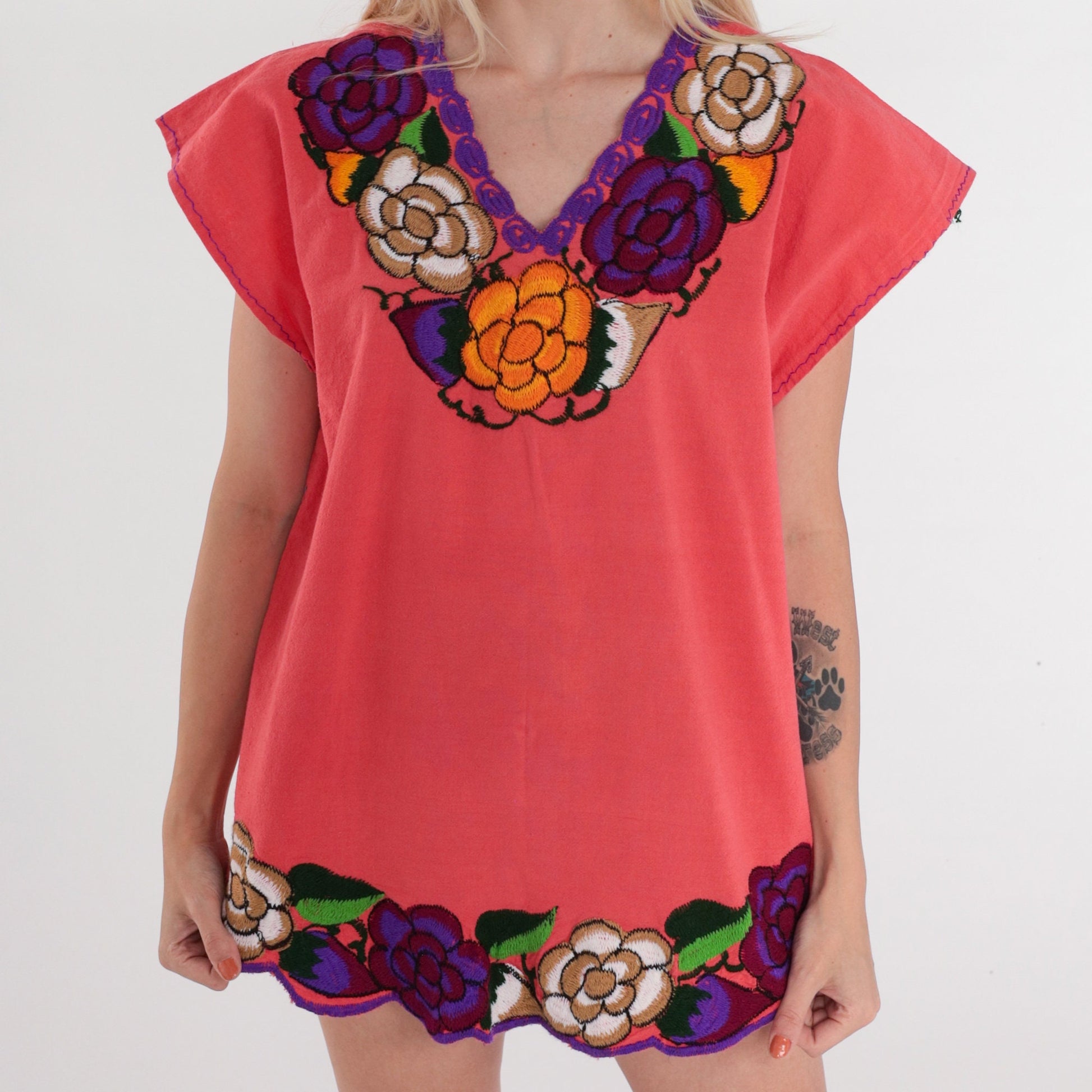 90s Mexican Floral Embroidered Blouse Coral Pink Cap Sleeve Cotton Medium M
