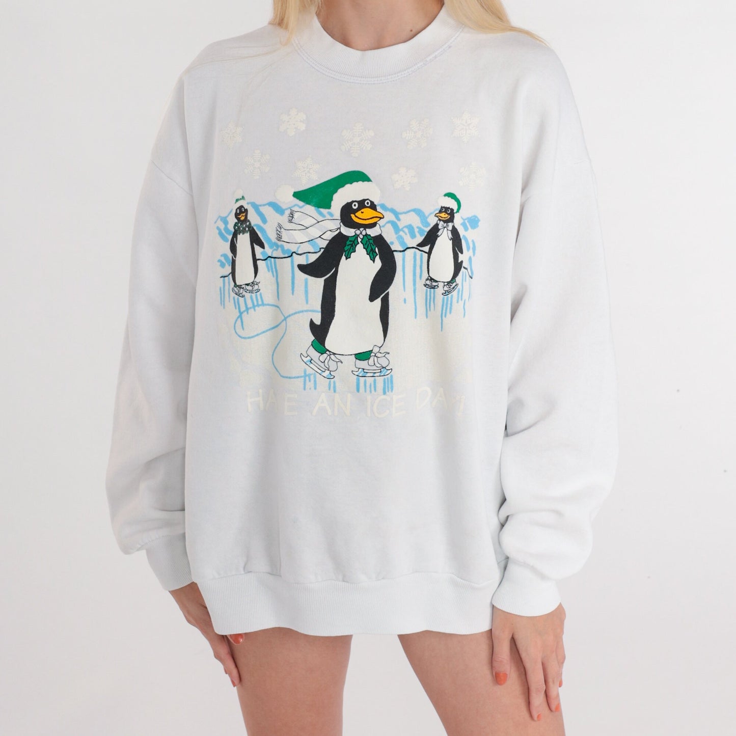 90s Penguin Ice Skating Graphic Sweatshirt White Crewneck Extra Large XL