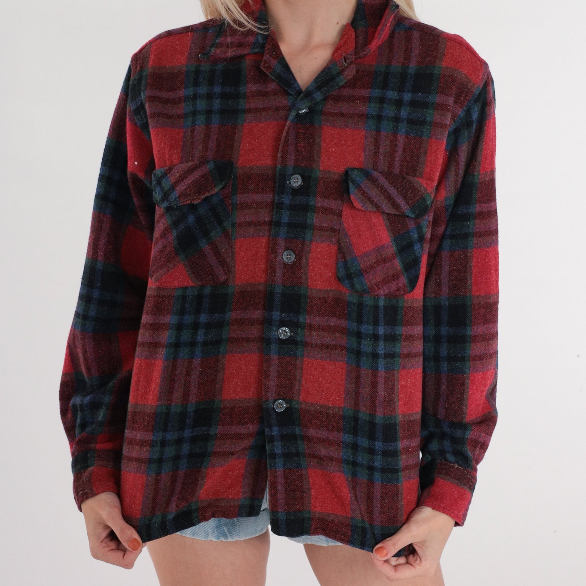 70s Mac Campbell Red Plaid Wool Flannel Button-Up Shirt Medium