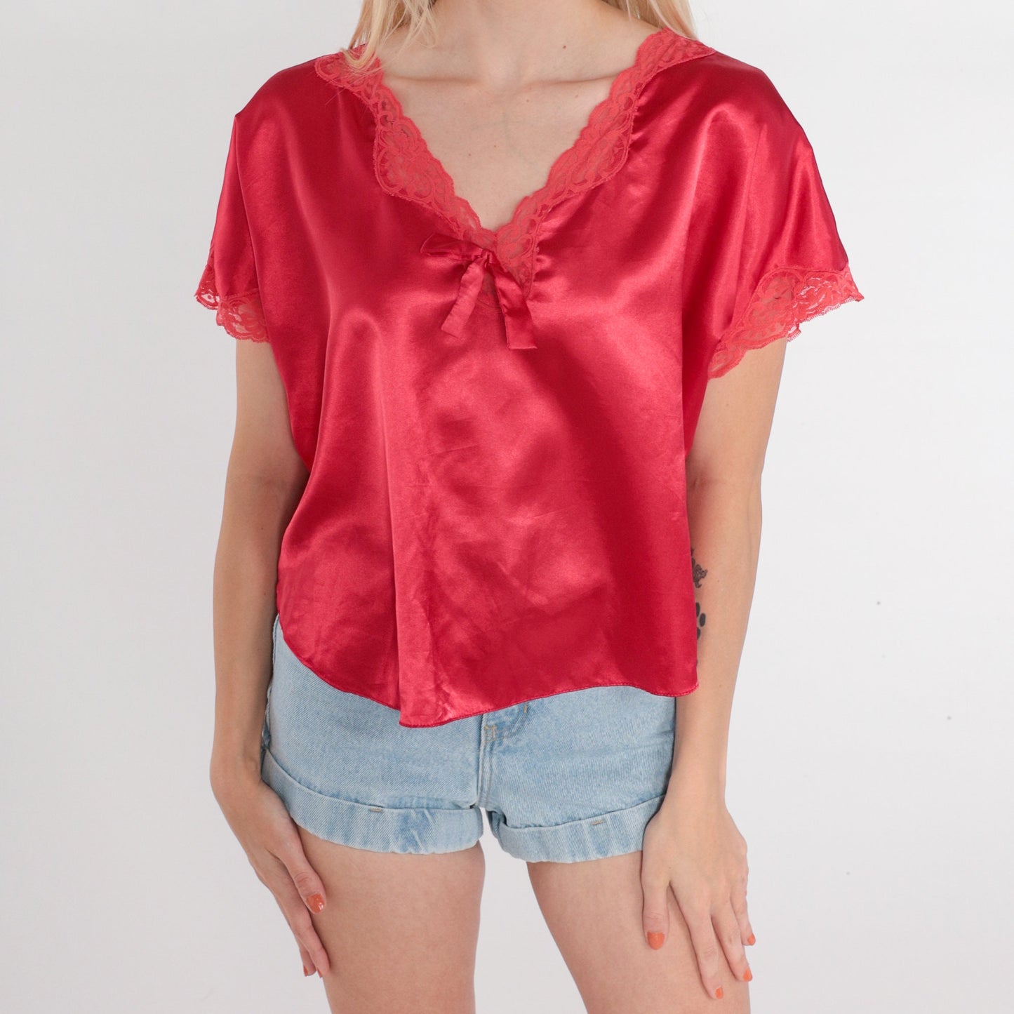 90s Victoria's Secret Red Lace Pajama Top V-Neck Short Sleeve Medium M