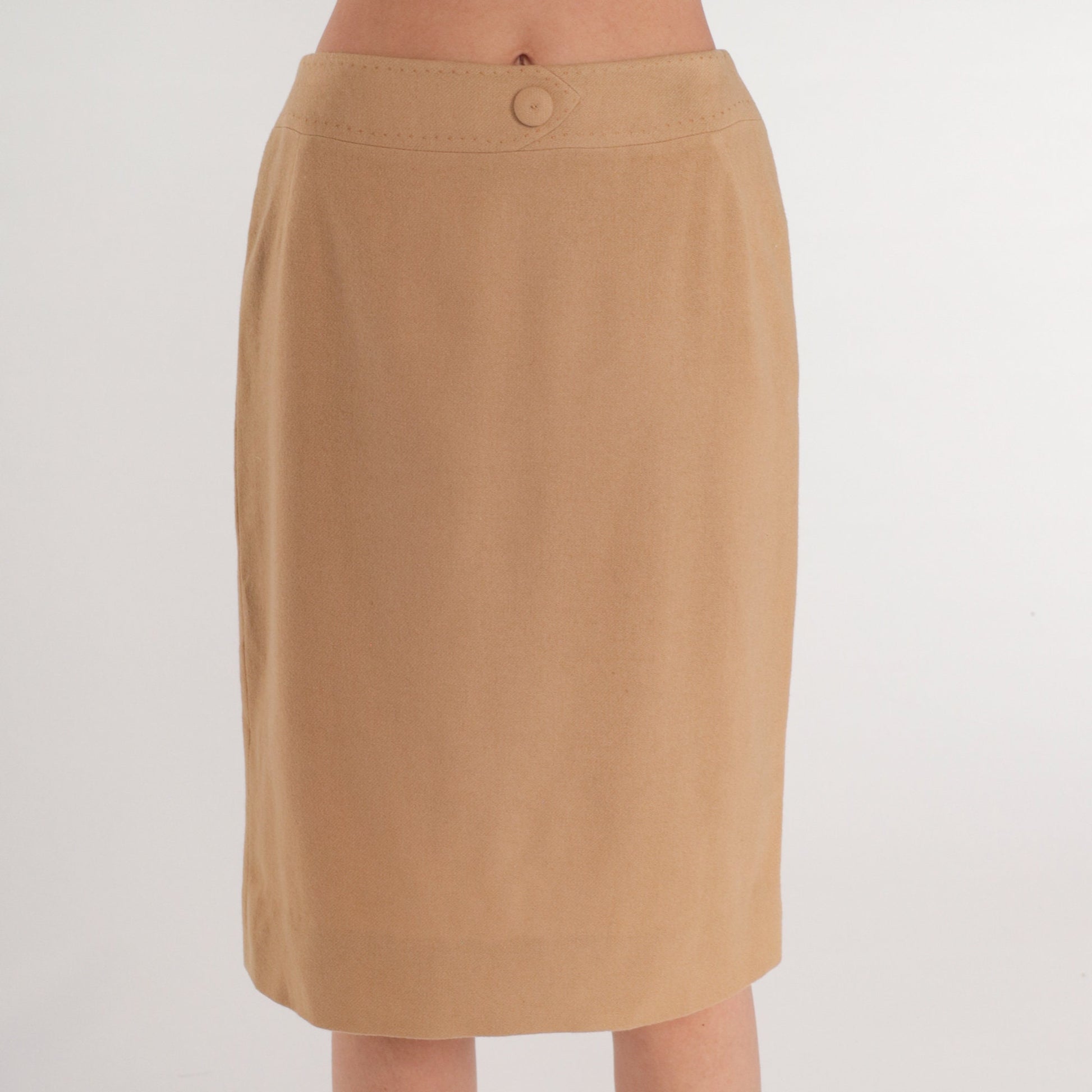 70s Tan Wool Midi Skirt High Waisted Pencil A-Line Small