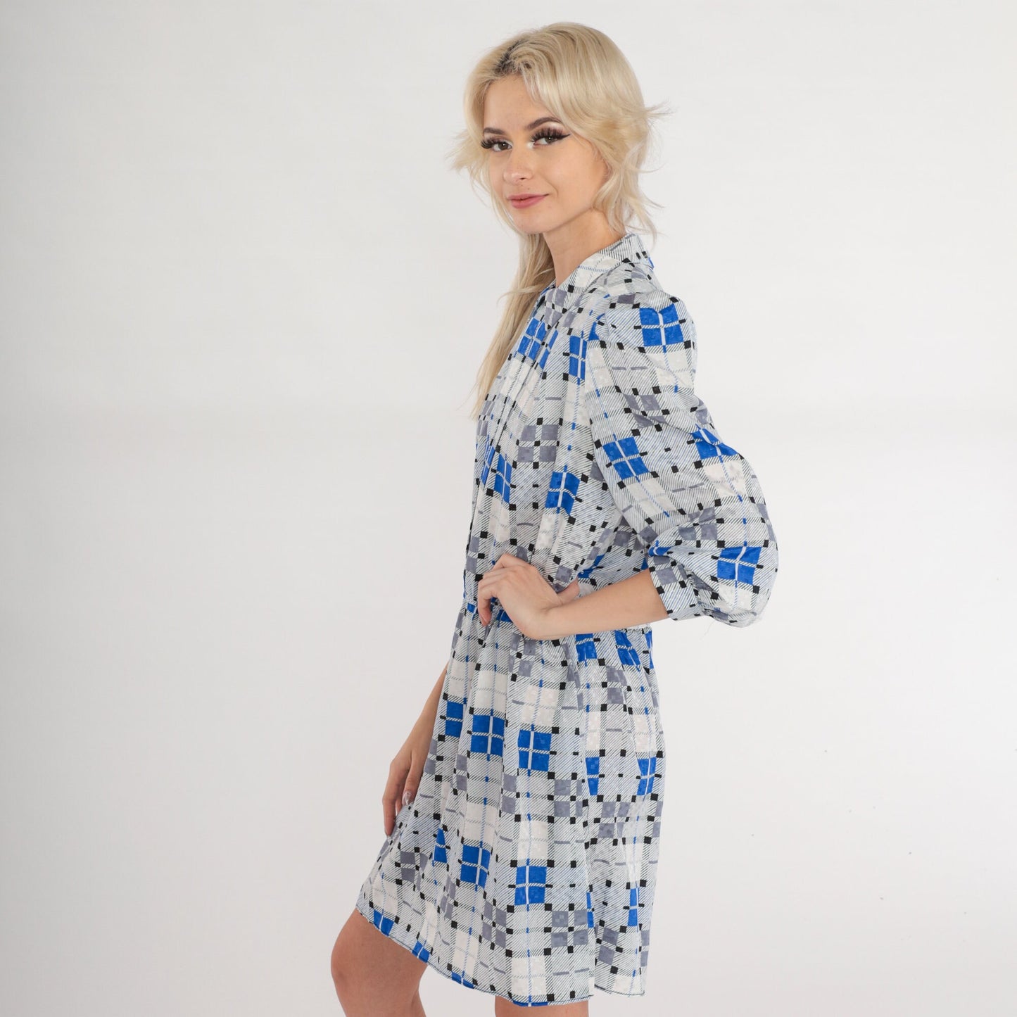 70s Jonathan Martin Plaid Mini Dress Grey Blue Puff Sleeve Keyhole Medium