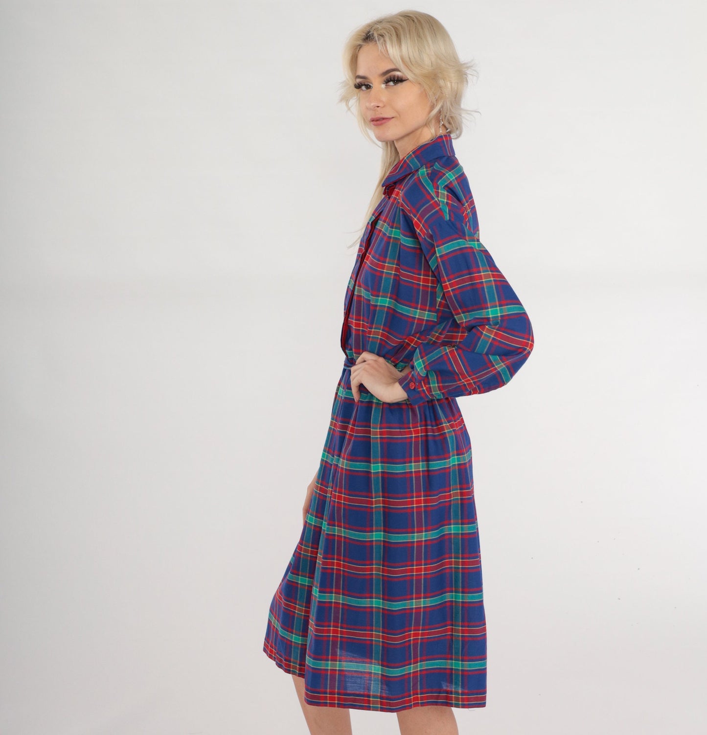 80s Plaid Button-Up Midi Dress High Waist Collared Shirtdress Blue Red Green Medium