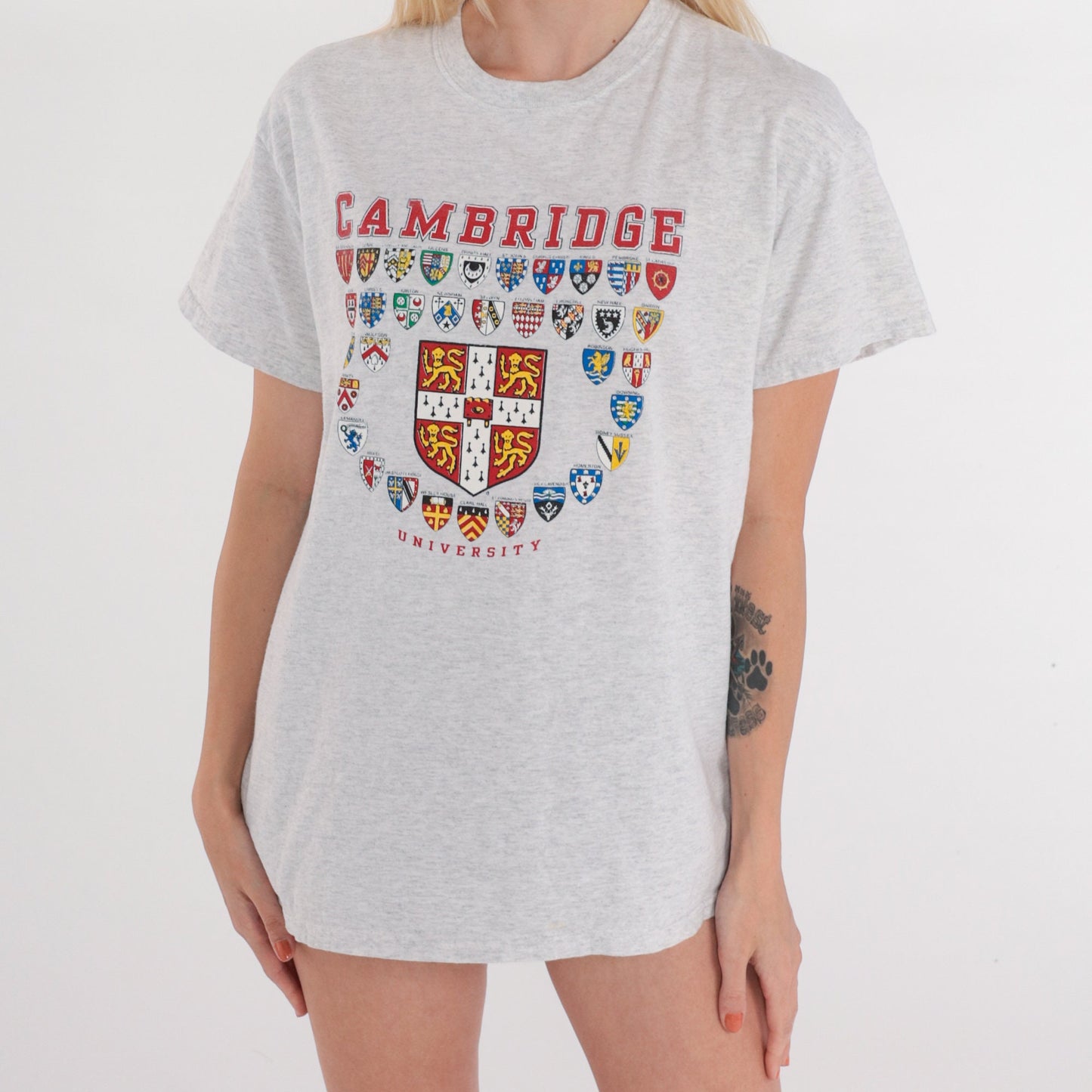 Y2K Cambridge University Graphic T-Shirt Heather Grey Crest Tee Medium