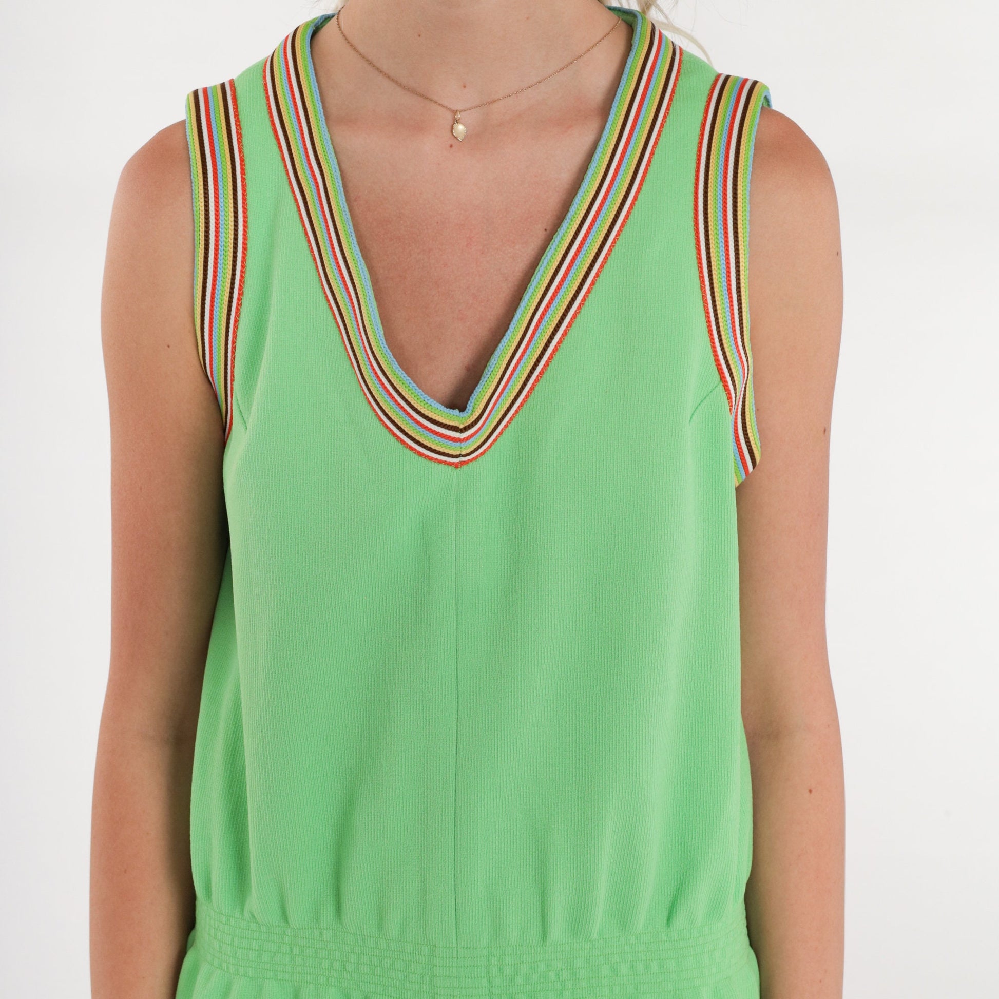 70s Lime Green Striped Ringer Mini Dress Sleeveless V-Neck Small