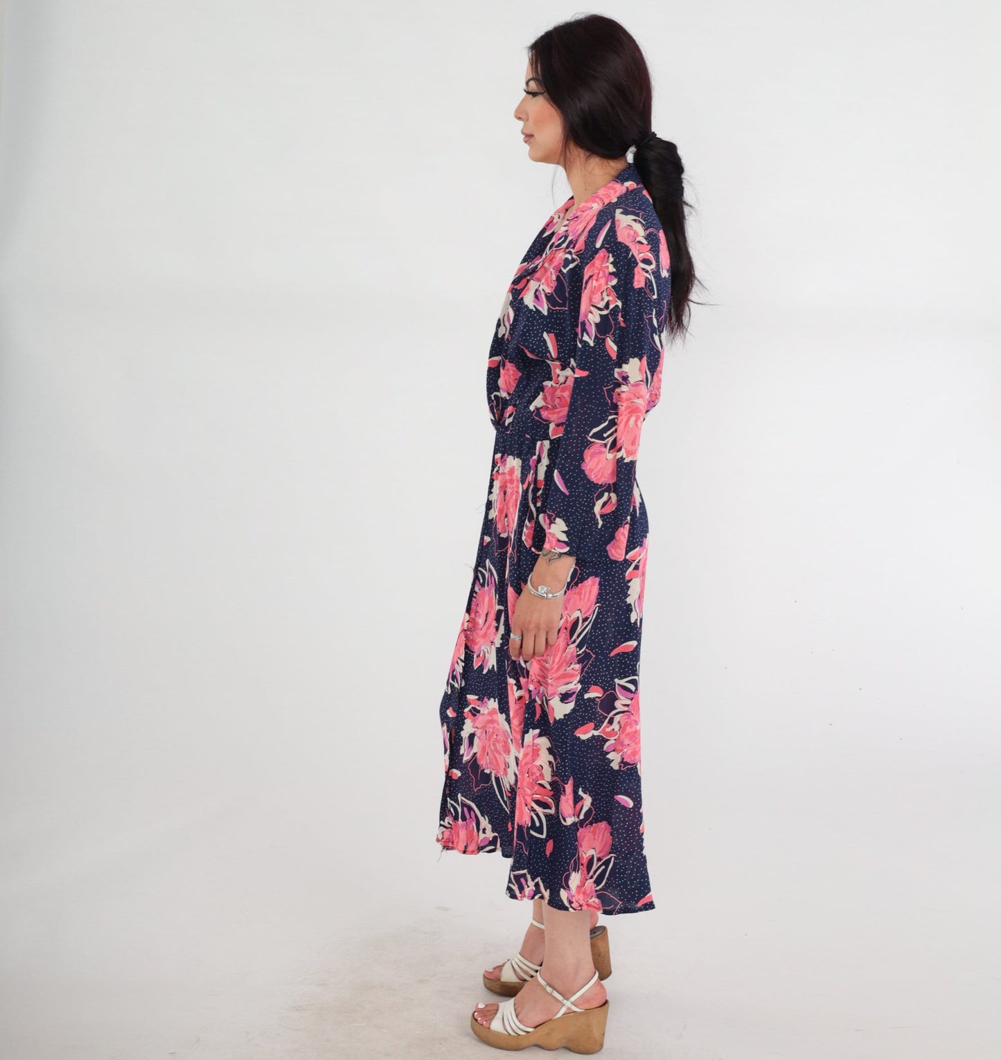 80s Navy Floral Polka Dot Midi Wrap Dress Collared V-Neck 3/4 Sleeve Medium