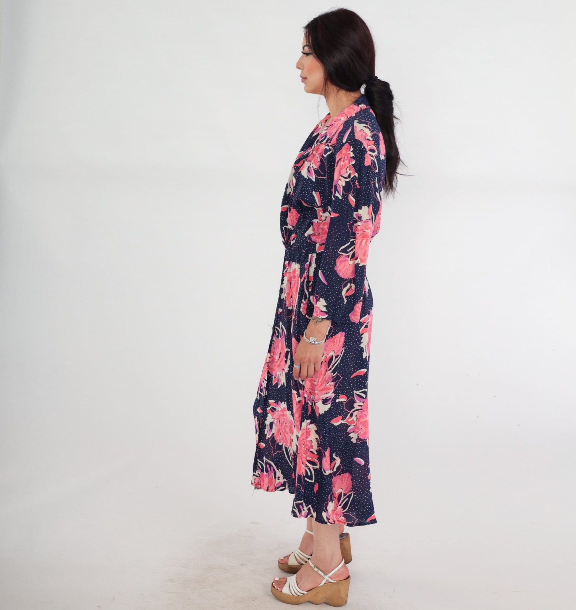 80s Navy Floral Polka Dot Midi Wrap Dress Collared V-Neck 3/4 Sleeve Medium
