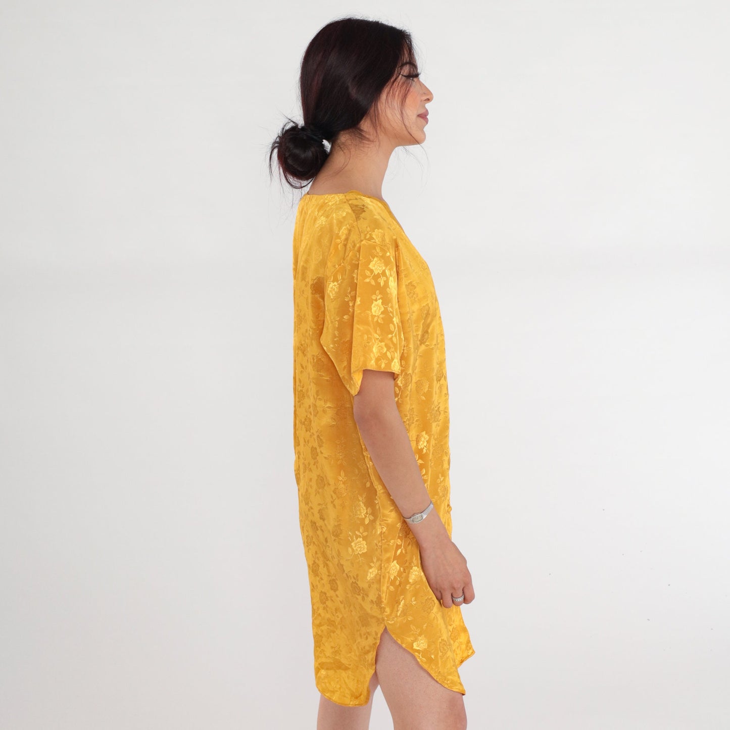 90s Yellow Satin Nightgown Floral Embossed Mini Lace Trim Button-Up Large