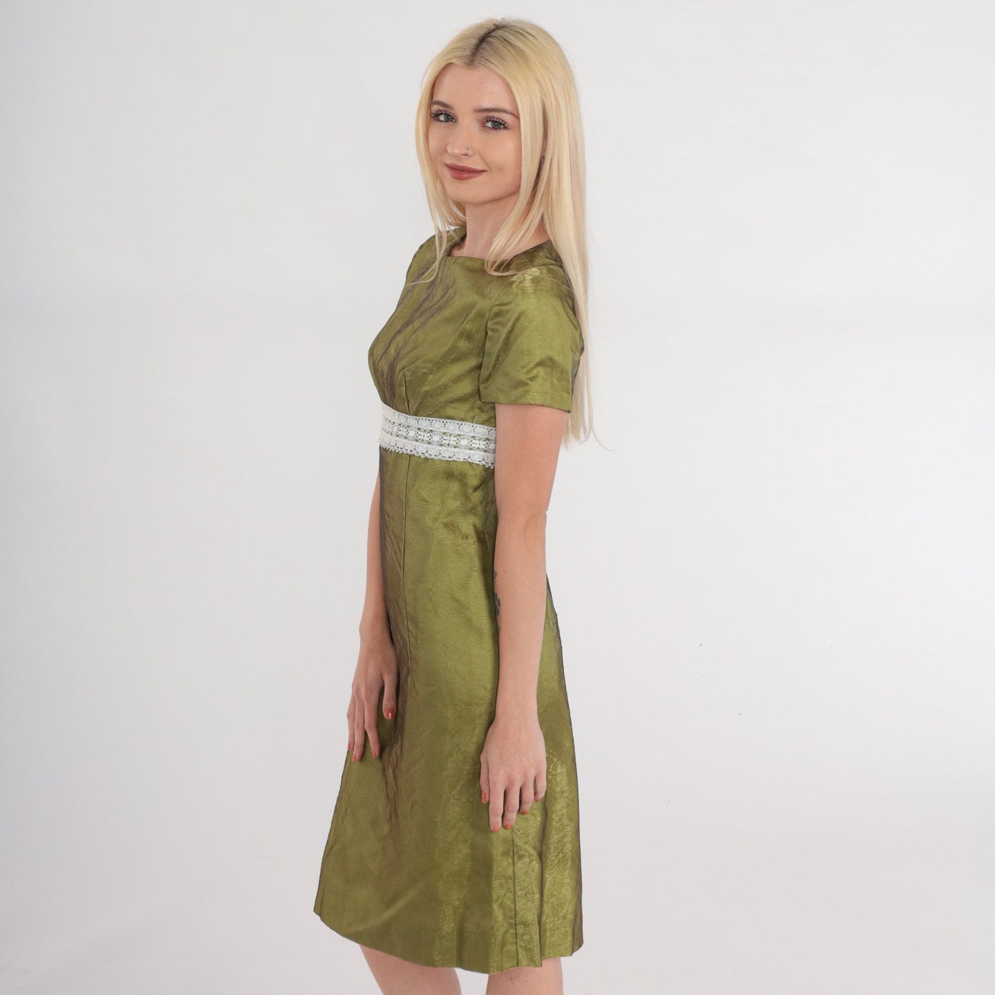 60s Iridescent Green Mini Dress Empire Waist Lace Trim Short Sleeve Extra Small