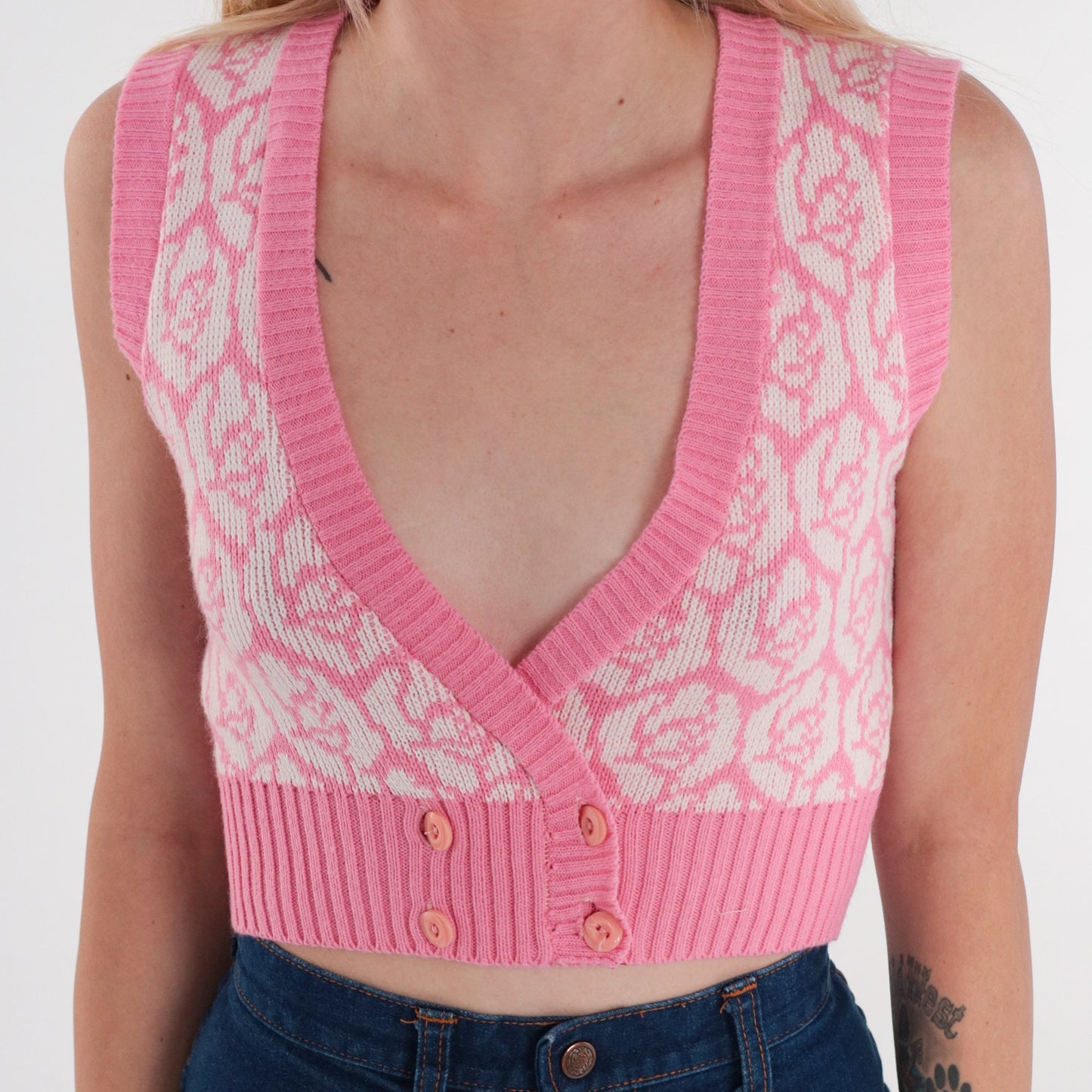 80s Pink Floral Knit Vest Crop Top Double Breasted V Neck Sleeveless XXS