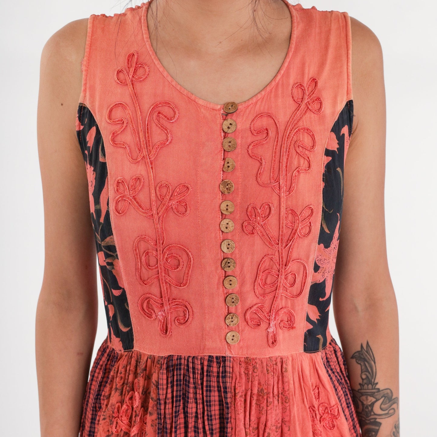 90s Indian Embroidered Patchwork Midi Dress Floral Plaid Rayon Sleeveless Medium
