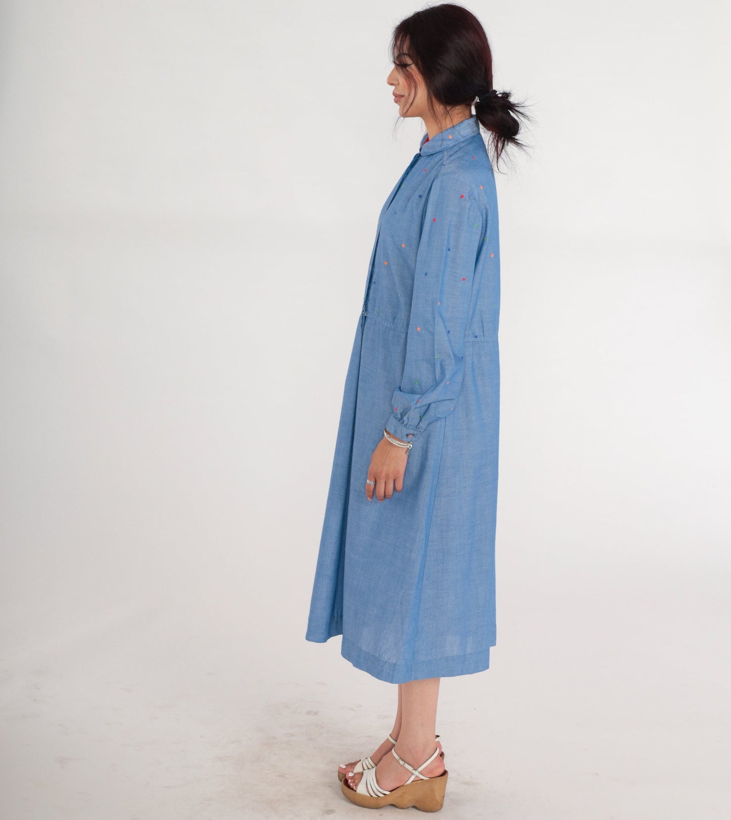 70s Blue Chambray Polka Dot Midi Dress Peter Pan Collar High Waisted Medium Large