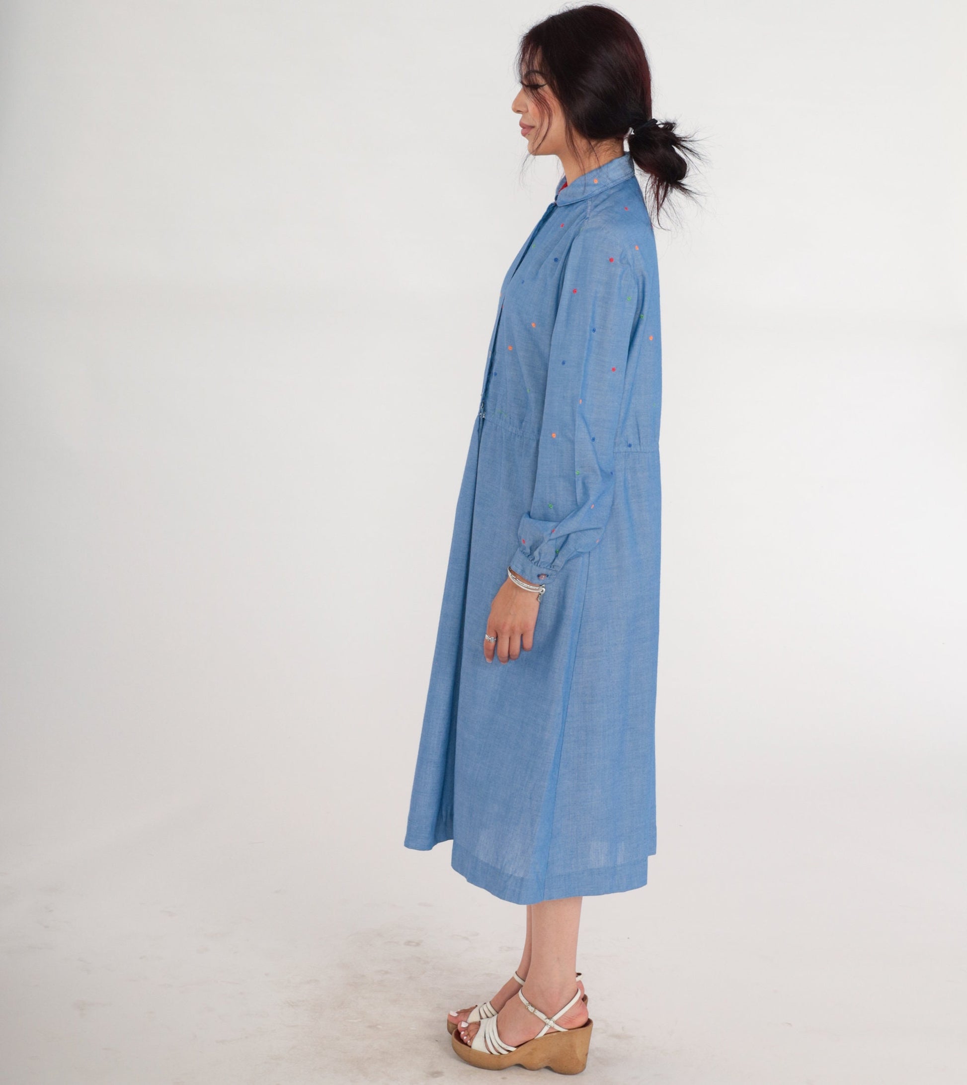 70s Blue Chambray Polka Dot Midi Dress Peter Pan Collar High Waisted Medium Large