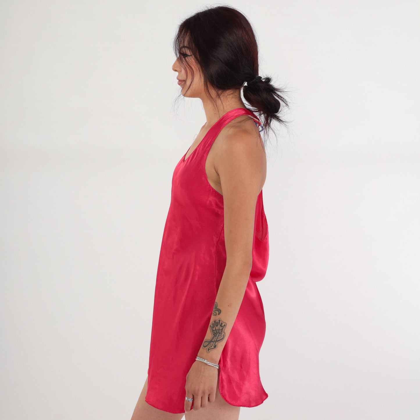 90s Dark Pink Satin Slip Dress Halter Neck Low Back Mini Large L