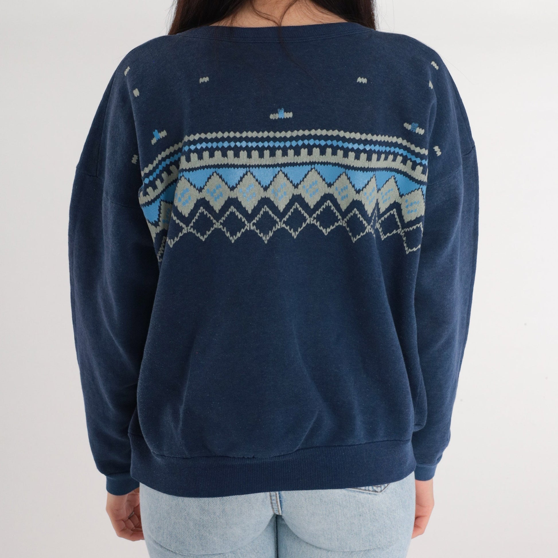 90s Navy Geometric Diamond Print Crewneck Sweatshirt Medium Large