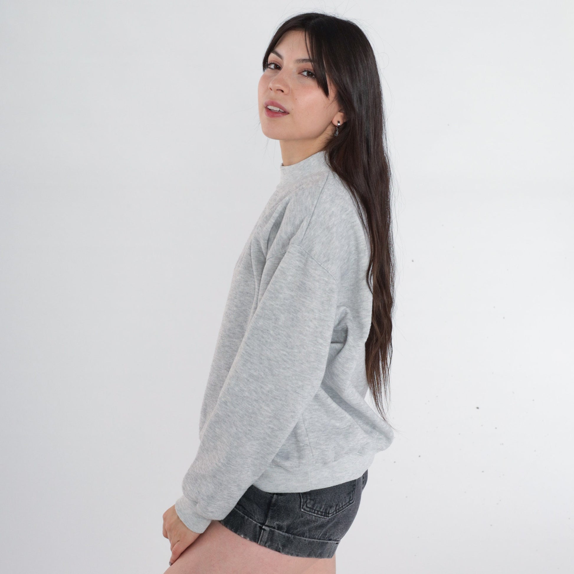 90s Bird Embroidered Sweatshirt Grey Floral Heart Mock Neck Medium