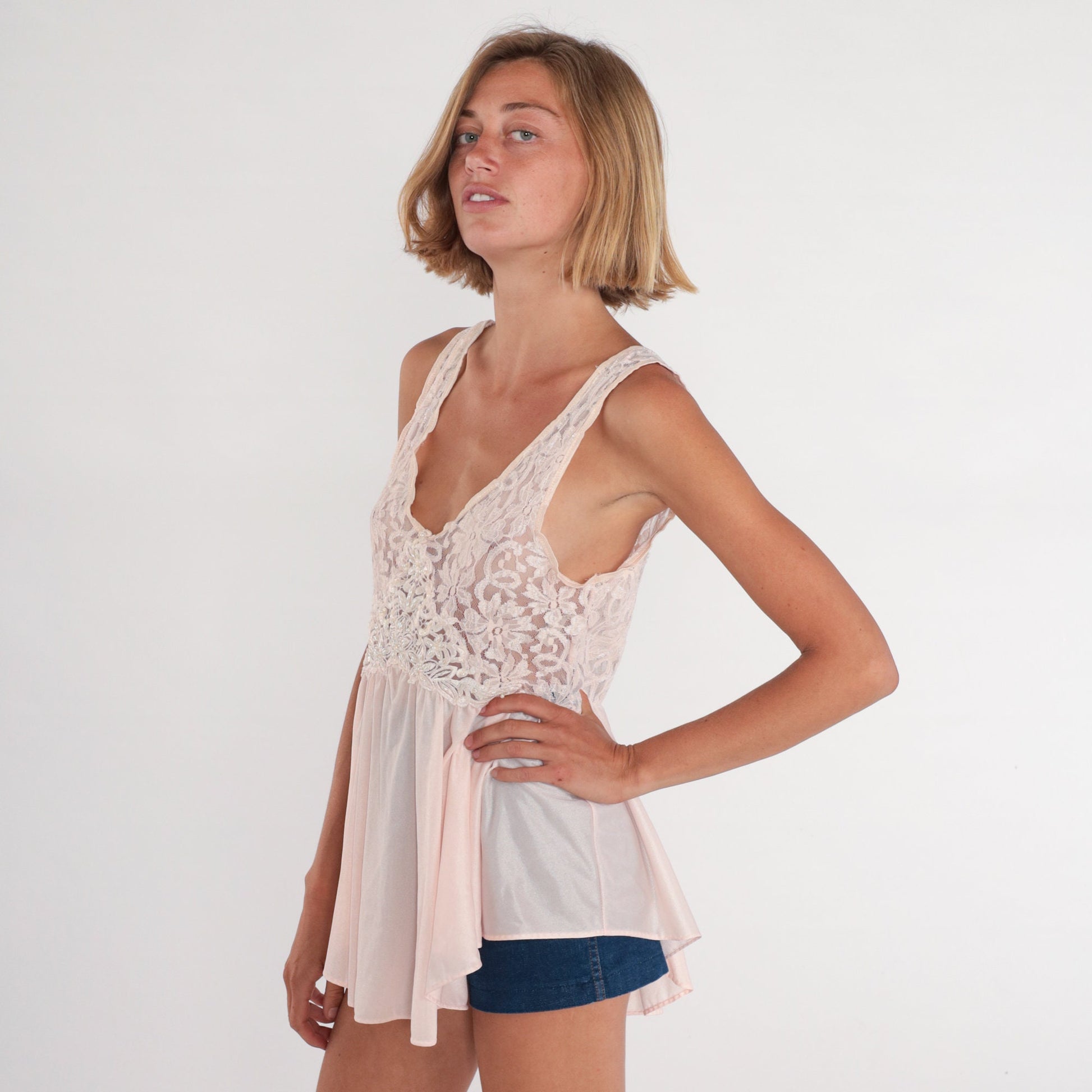 90s Baby Pink Floral Beaded Lace Camisole Tank Medium M