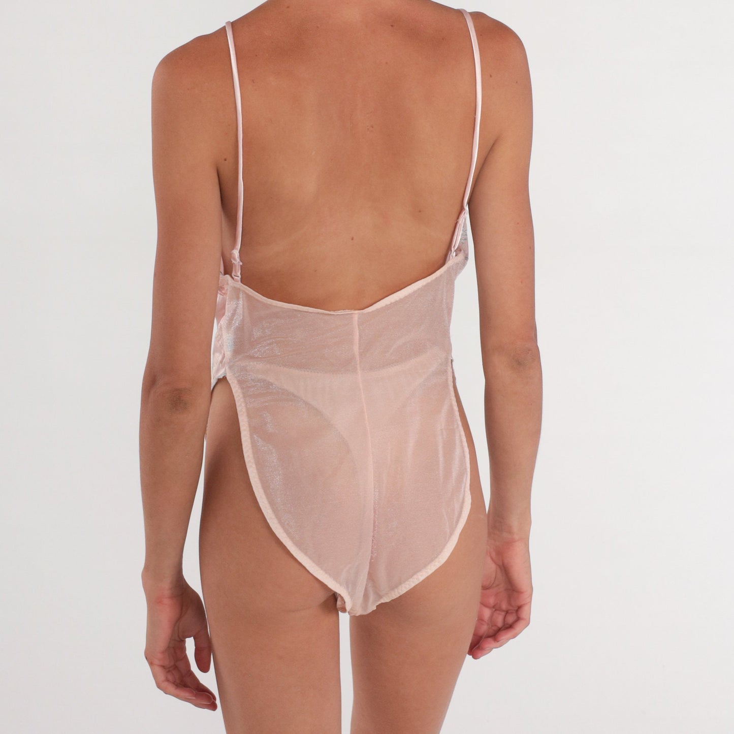 70s Pink Floral Embroidered Bodysuit Scalloped Edge Leotard Large
