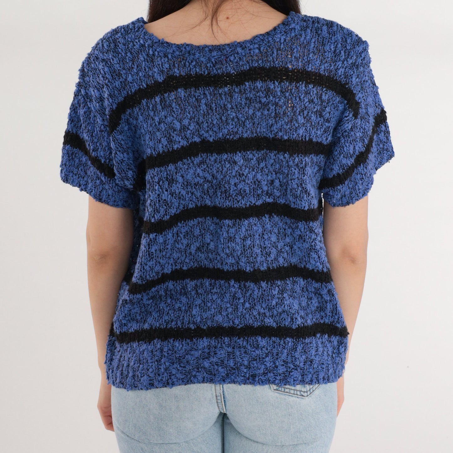 90s Striped Knit Sweater Top Blue Black Short Sleeve Medium M