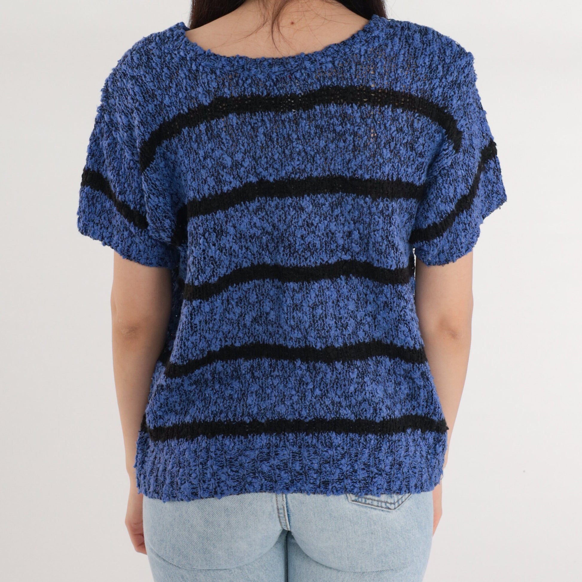 90s Striped Knit Sweater Top Blue Black Short Sleeve Medium M