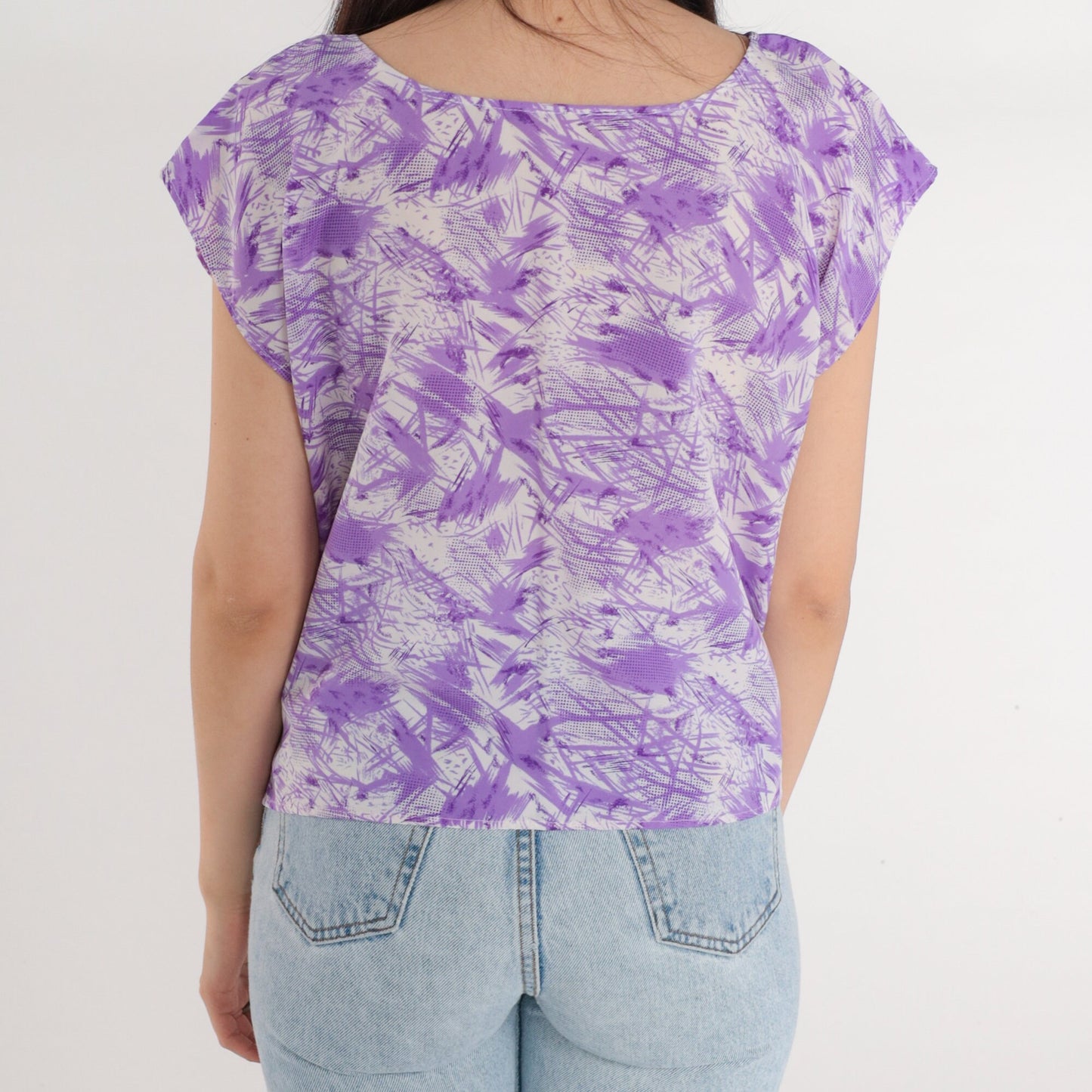 70s Abstract Purple Cream Cap Sleeve Blouse Psychedelic Print Medium
