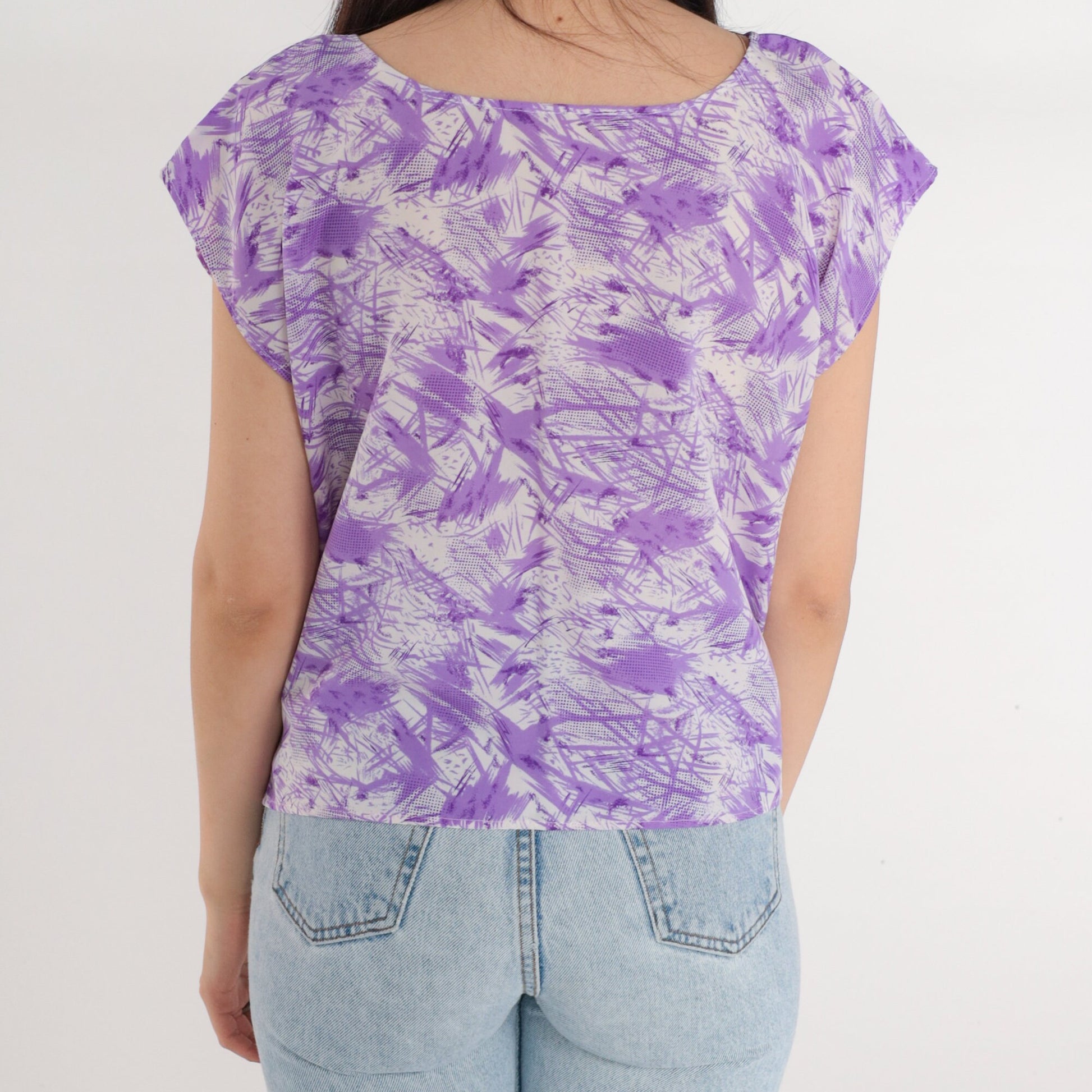 70s Abstract Purple Cream Cap Sleeve Blouse Psychedelic Print Medium