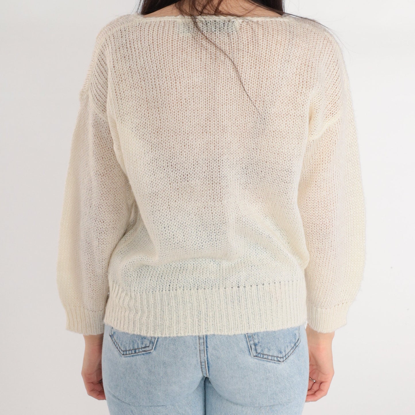 80s Pearl Beaded Off-White Knit Sweater Leaf Embroidered Pullover Medium