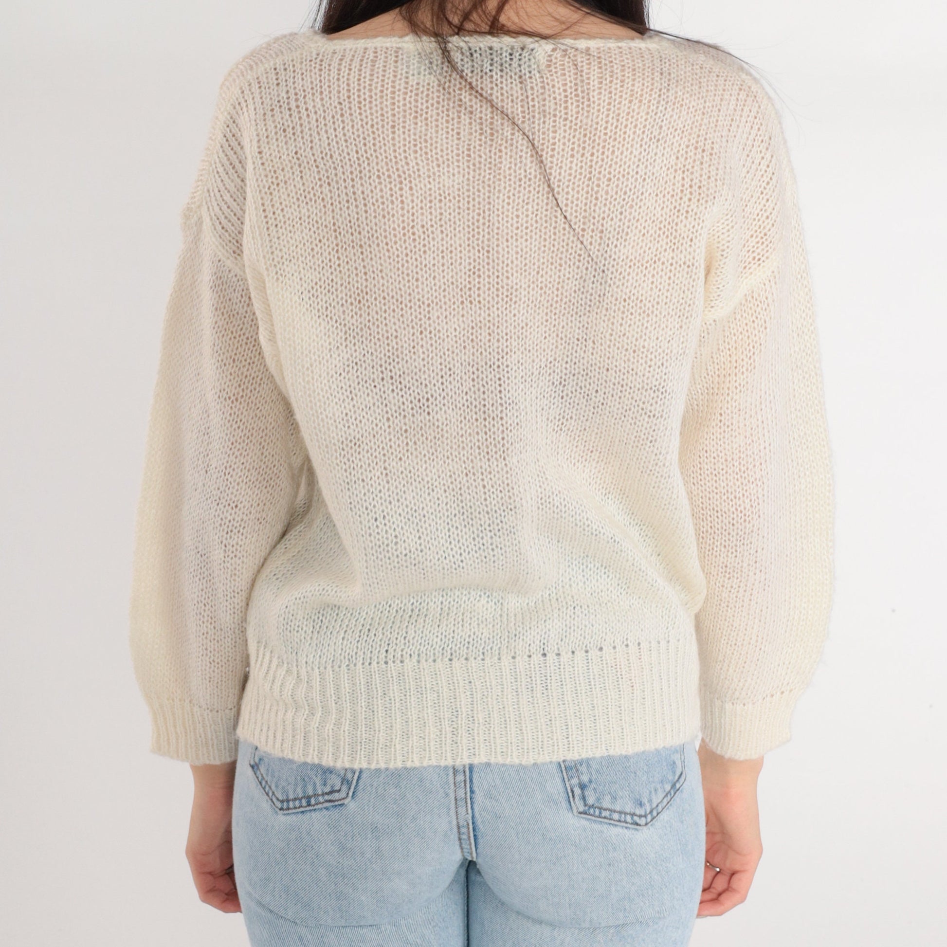 80s Pearl Beaded Off-White Knit Sweater Leaf Embroidered Pullover Medium