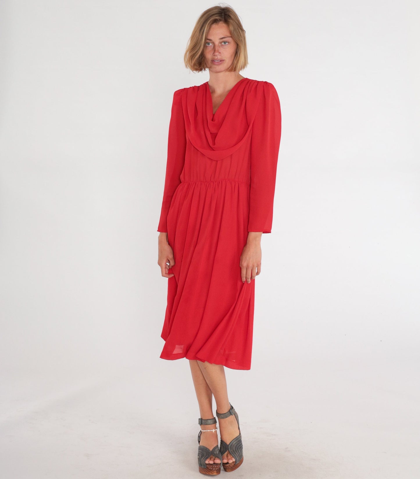 70s Red Disco Midi Dress Draped Cowl Neck Puff Sleeve High Waist Medium