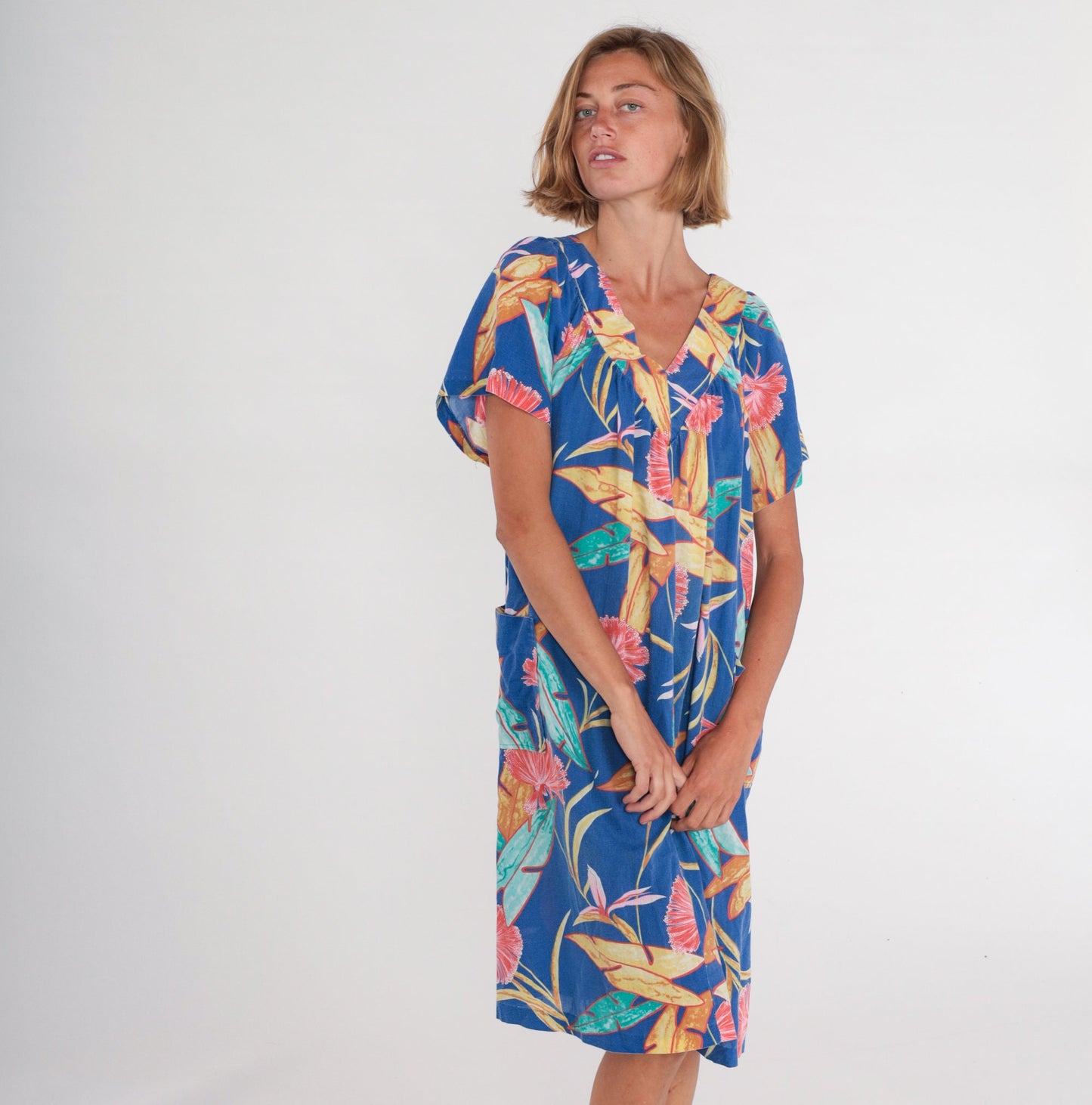 80s Hawaiian Tent Dress Blue Tropical Floral Midi Short Sleeve Extra Large