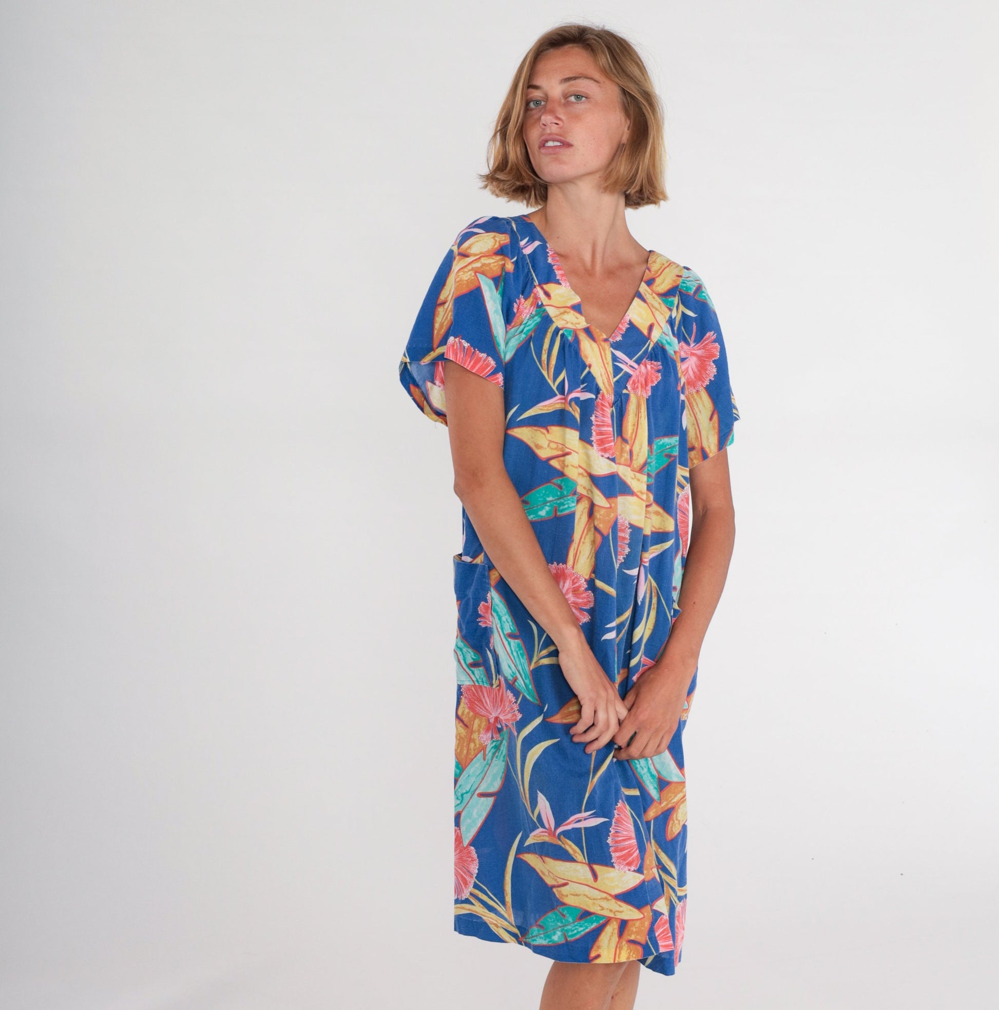 80s Hawaiian Tent Dress Blue Tropical Floral Midi Short Sleeve Extra Large