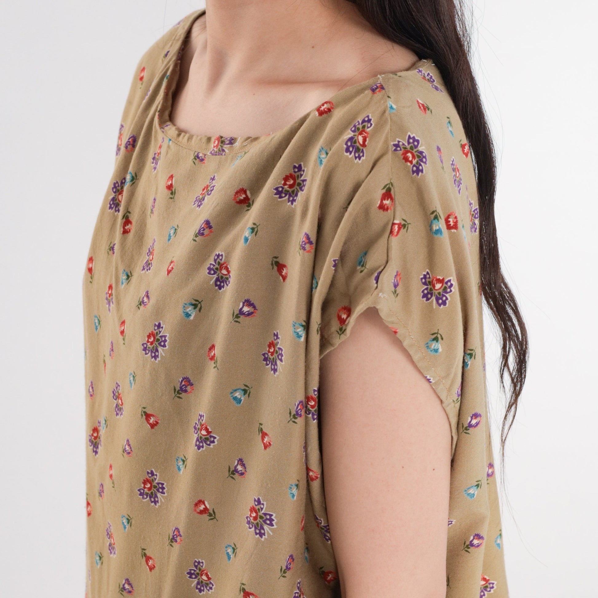 80s Floral Cap Sleeve Blouse Taupe Rayon Flower Print Top Large L