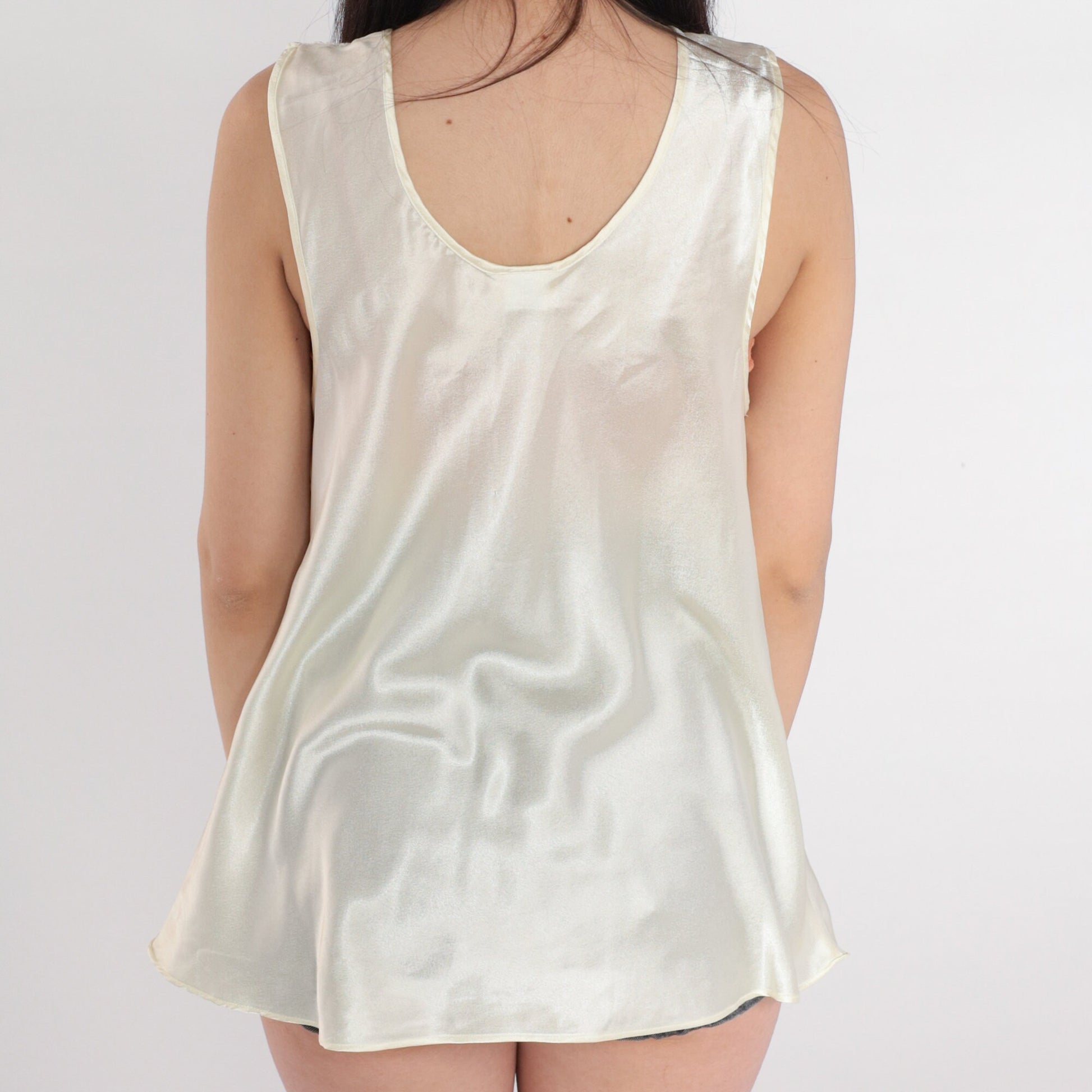 90s White Satin Camisole Tank Top with Crochet Lace Trim Large L