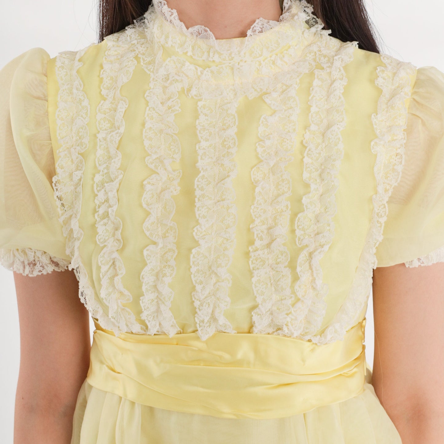 60s Yellow Mini Dress Empire Waist Puff Sleeve Lace Trim XXS