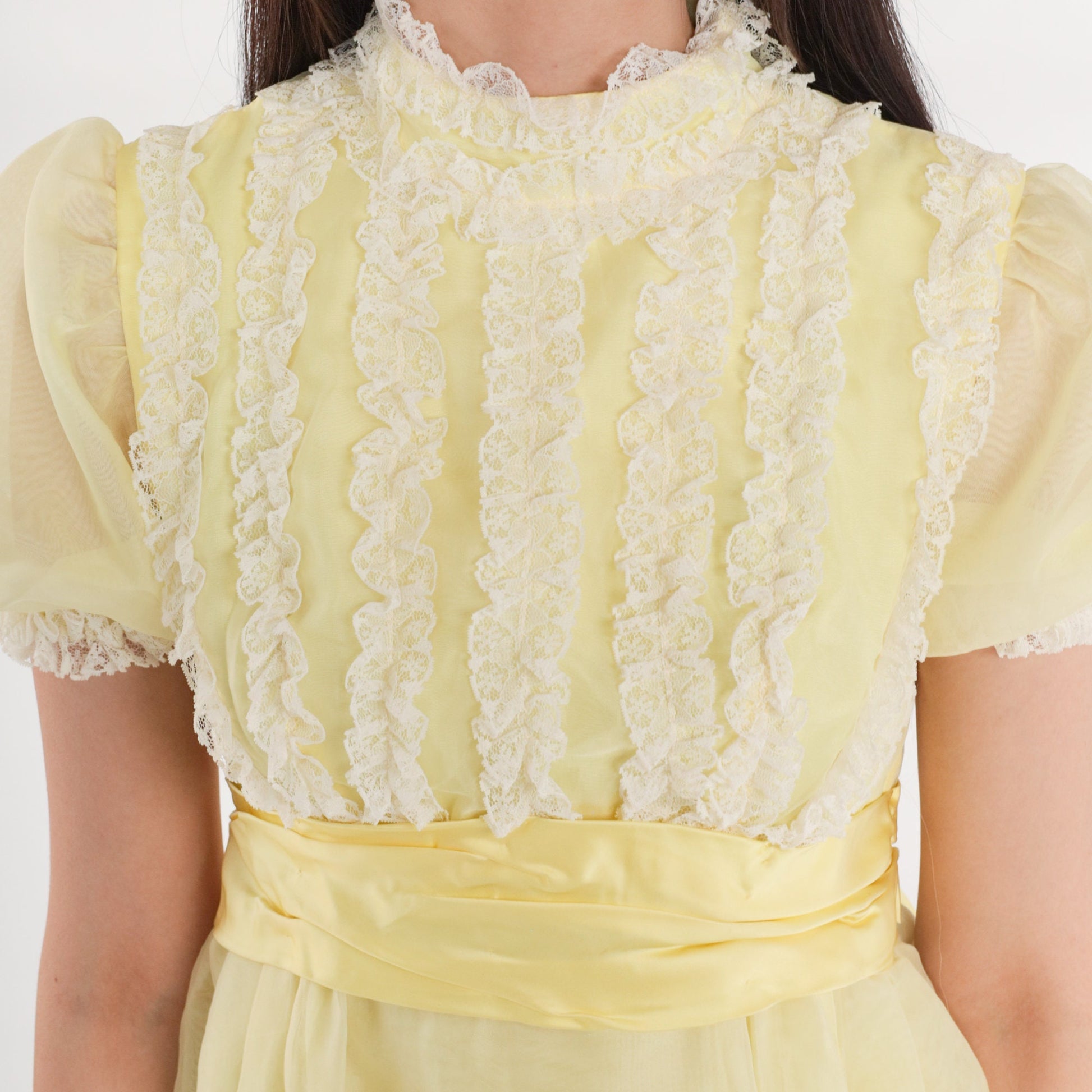 60s Yellow Mini Dress Empire Waist Puff Sleeve Lace Trim XXS
