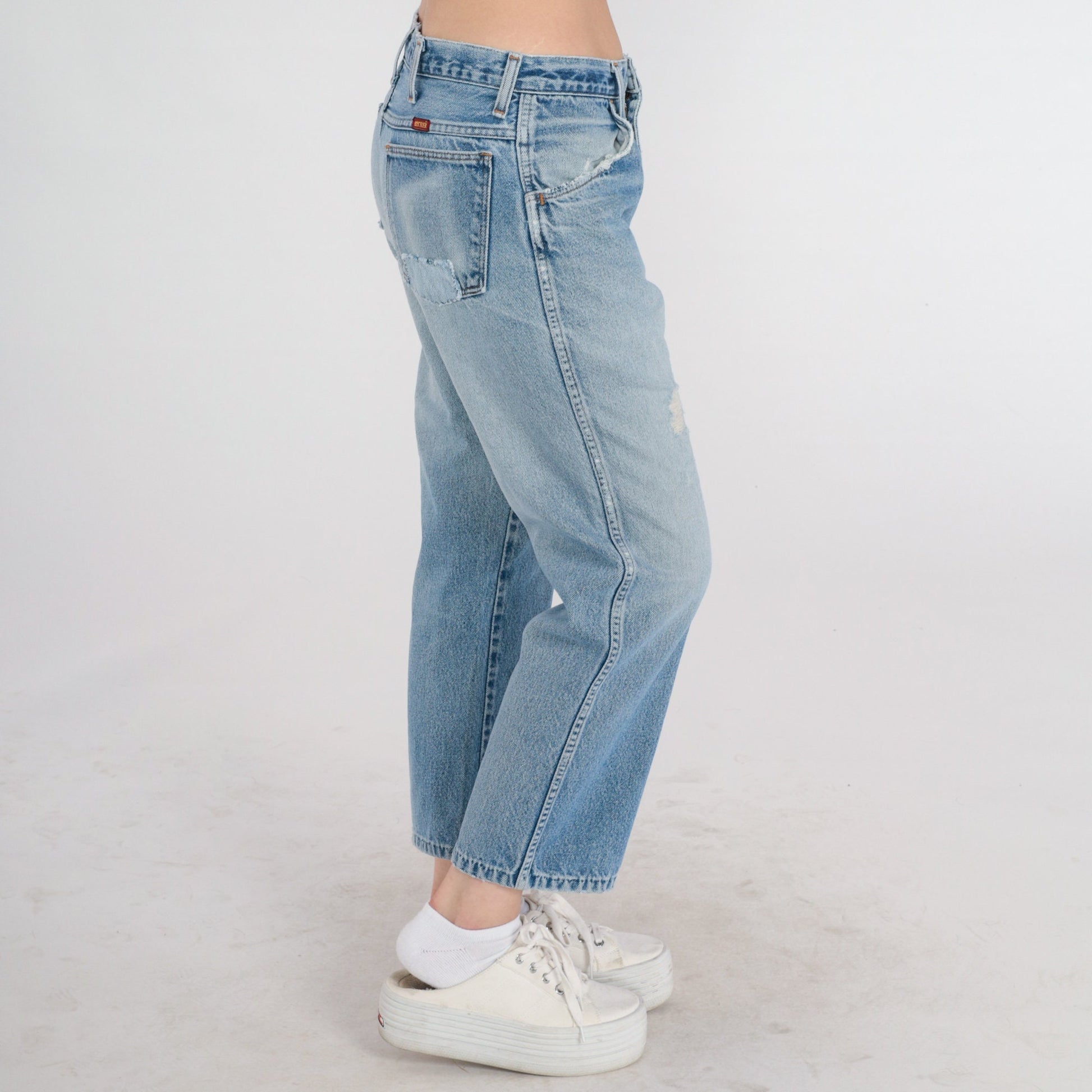90s Rustler Ripped Blue Denim Jeans Mid Rise Straight Ankle Large