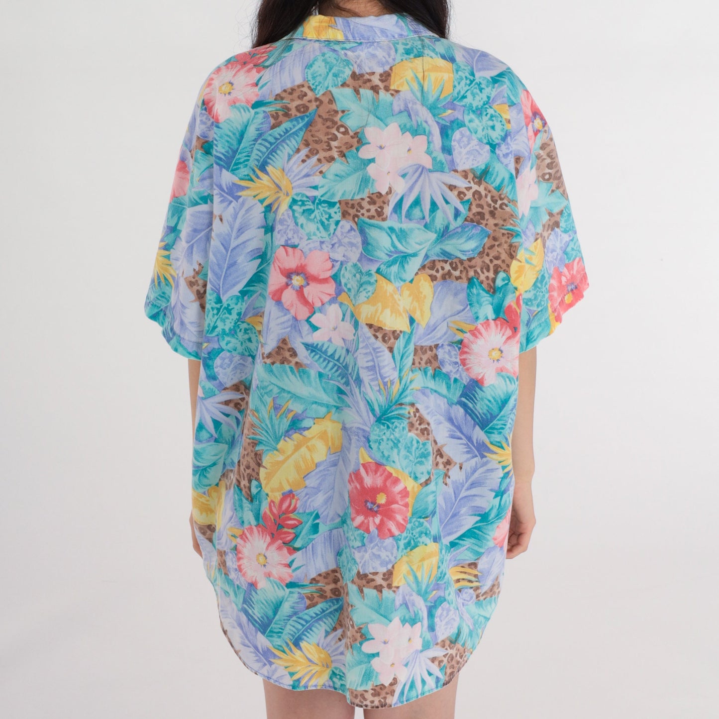90s Tropical Leopard Floral Button-Up Blouse Turquoise Plus Size XXL