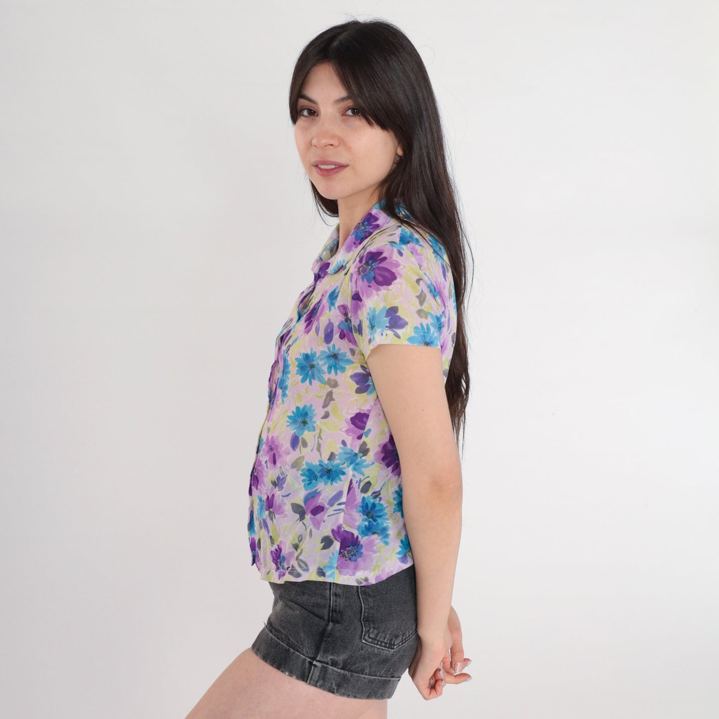 90s Floral Button Up Blouse Lavender Purple Watercolor Print Short Sleeve Small