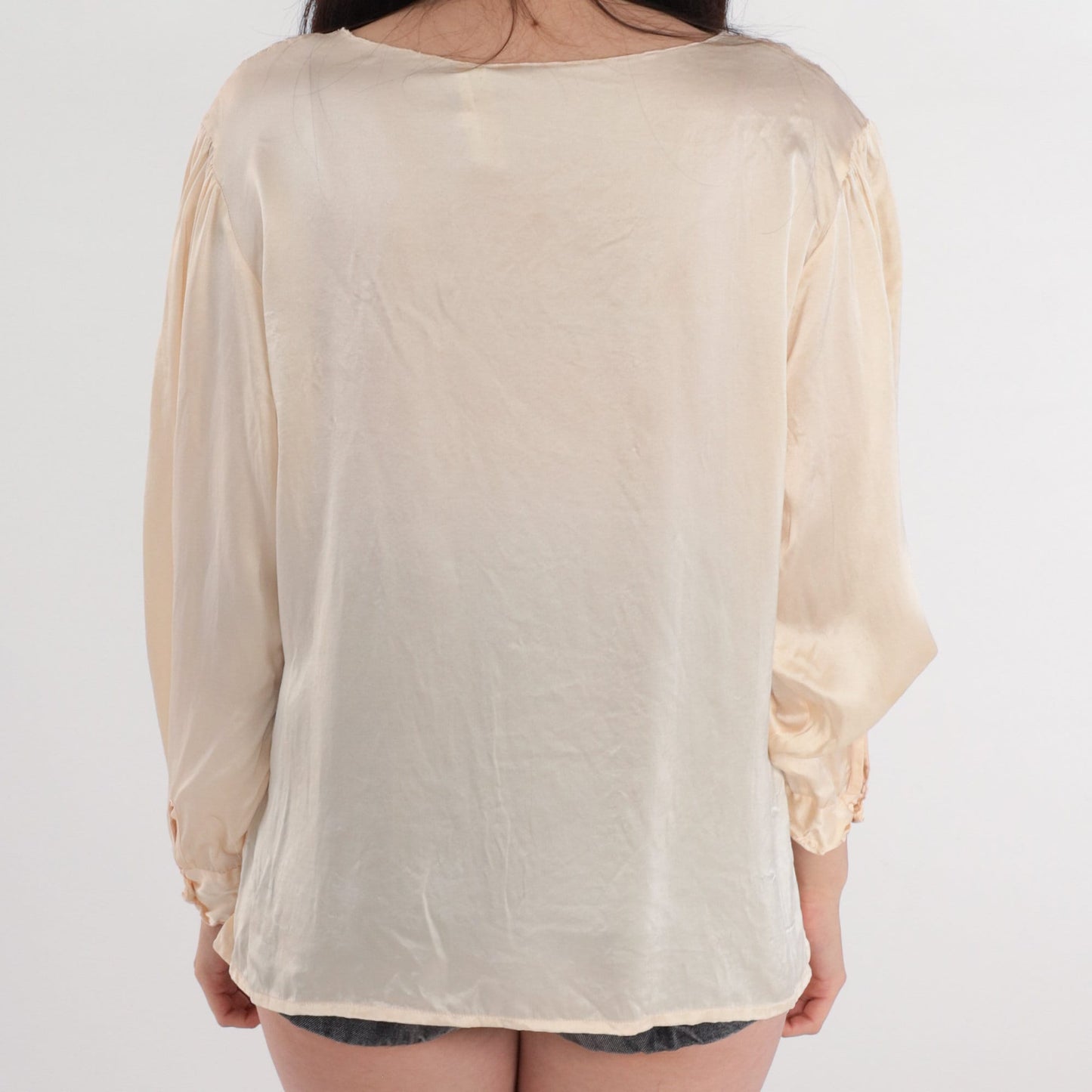 80s Cream Floral Embroidered Cutout Blouse Pink Flowers Medium