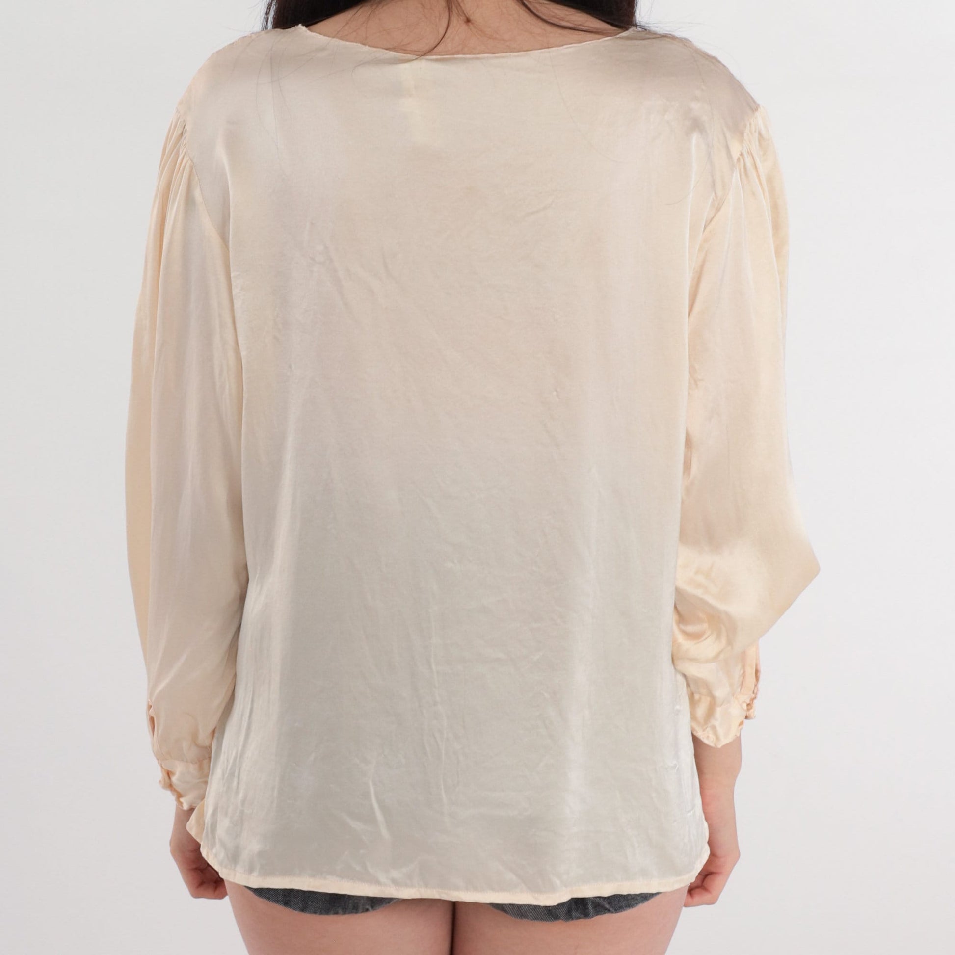 80s Cream Floral Embroidered Cutout Blouse Pink Flowers Medium