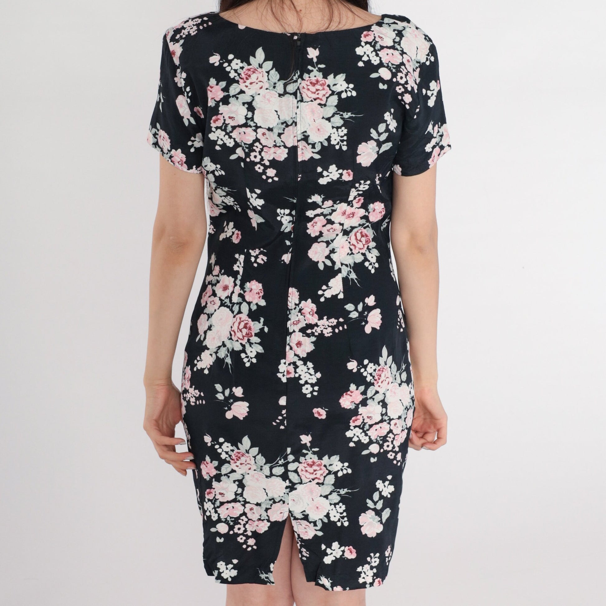 90s All That Jazz Floral Mini Dress Black Bodycon Short Sleeve Small