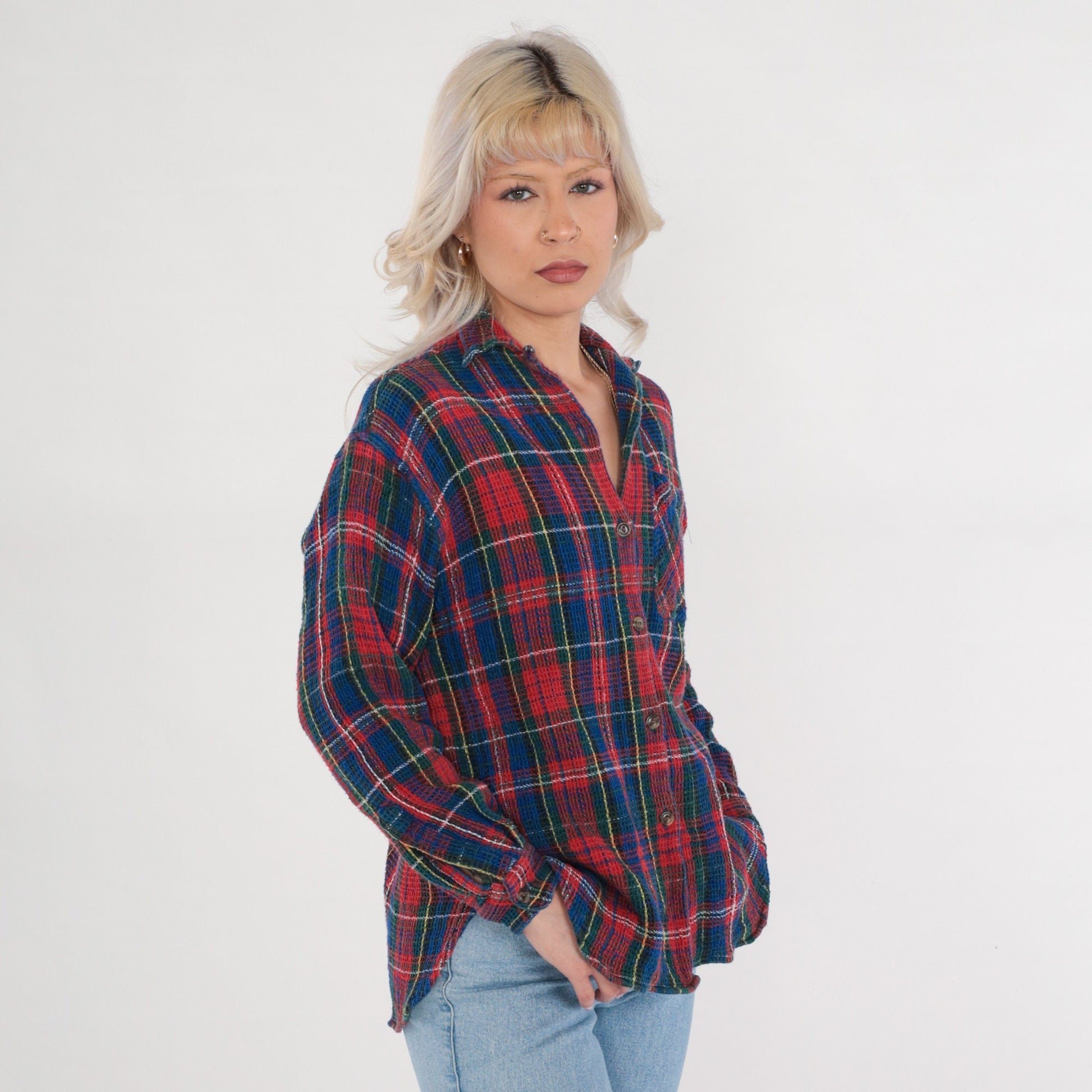 90s Boom Clothing Plaid Button Up Blouse Blue Red Checkered Cotton Small S