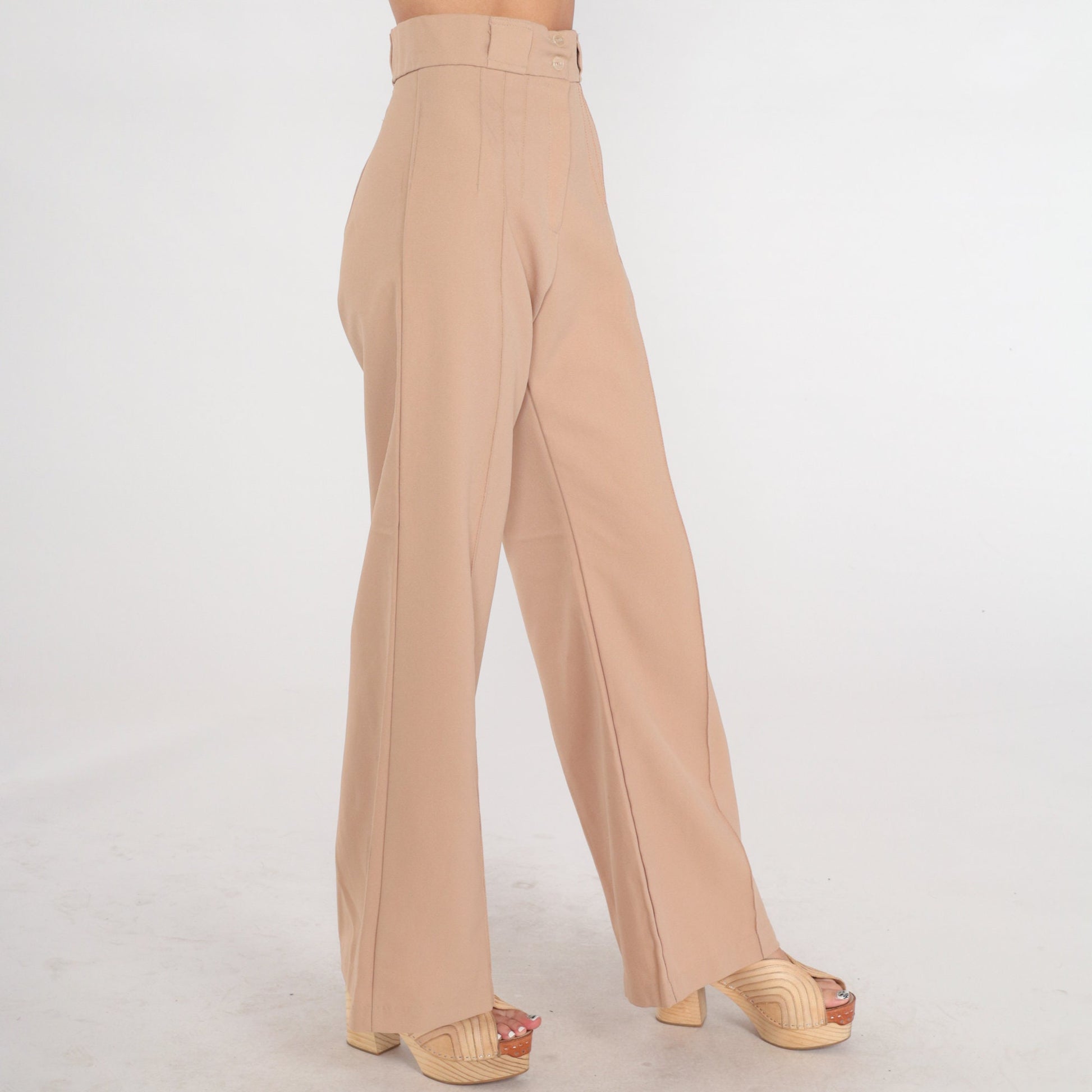 70s Tan Wide Leg High Rise Trousers Creased Straight Pants Extra Small