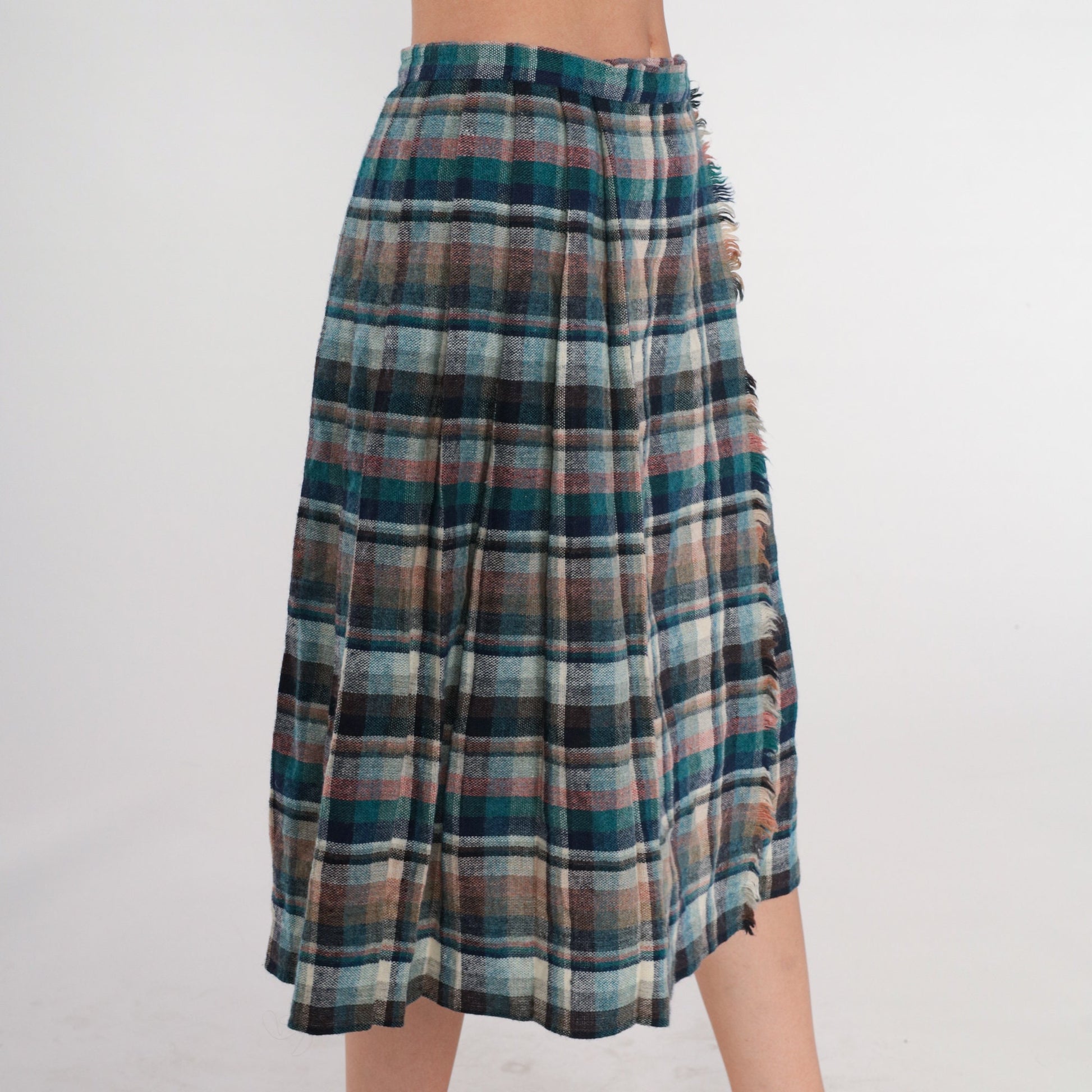 80s Plaid Wool Blend Midi Skirt High Waist Pleated Blue Green Small