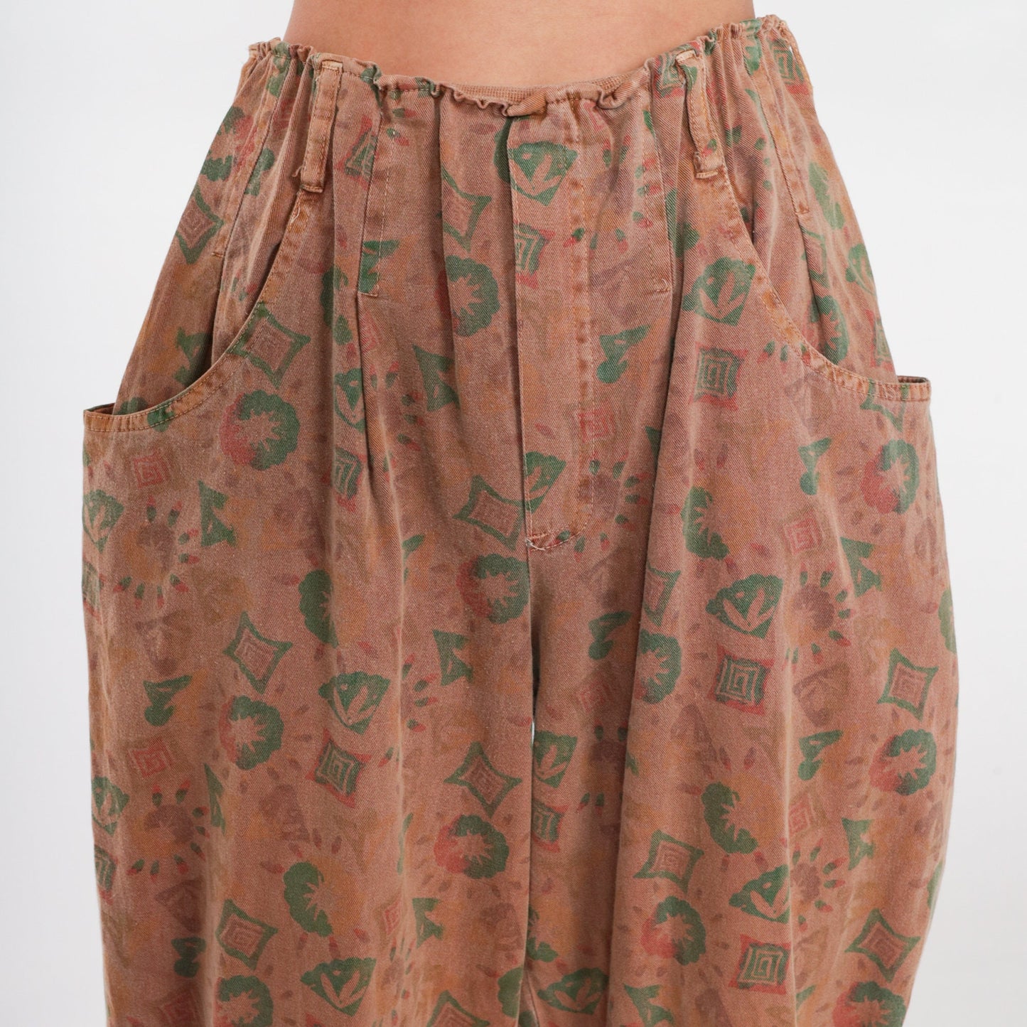 90s Parachute Pants Brown Geometric High Waist Baggy Tapered Small Medium