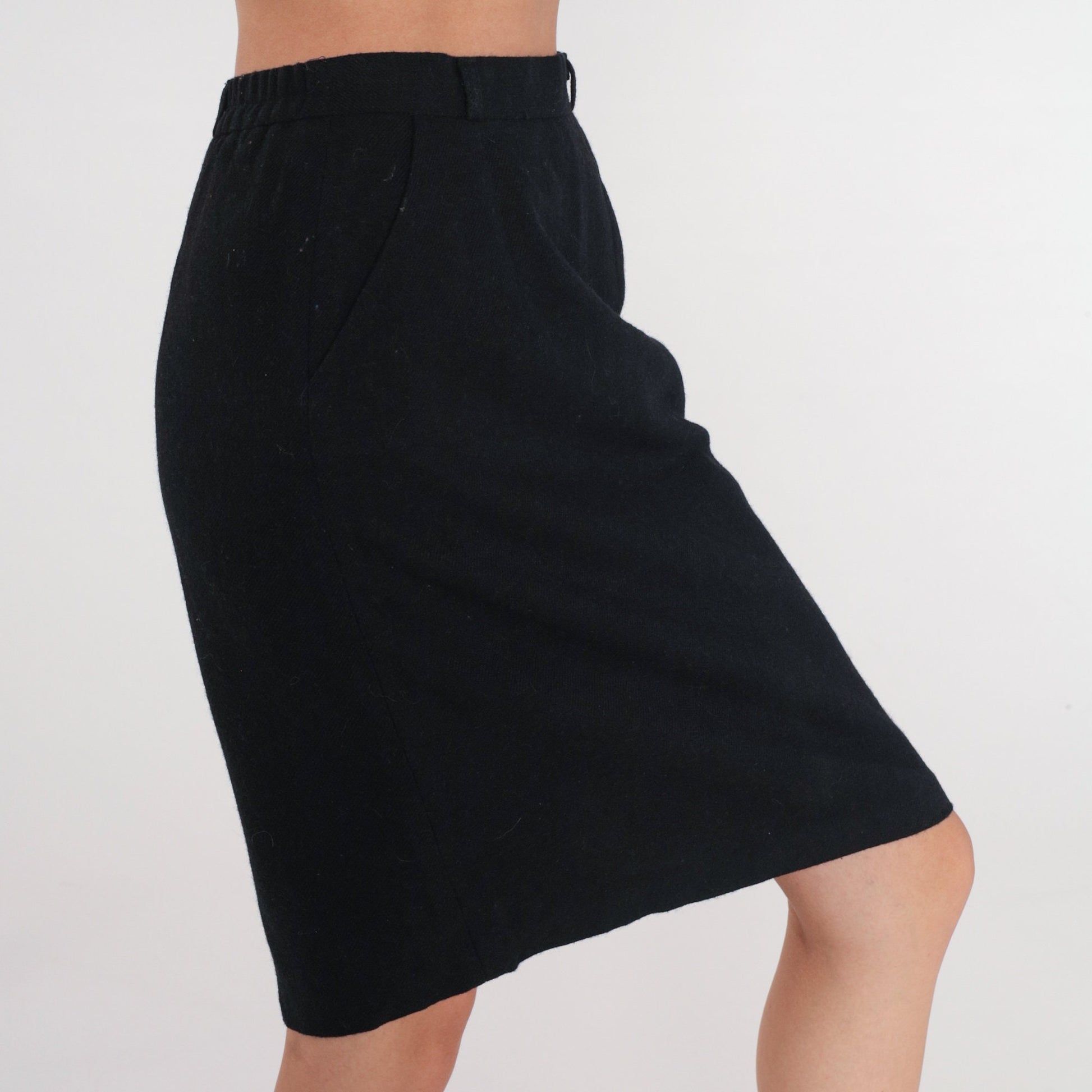 90s Black Wool Pencil Mini Skirt High Waist Rear Zip Extra Small